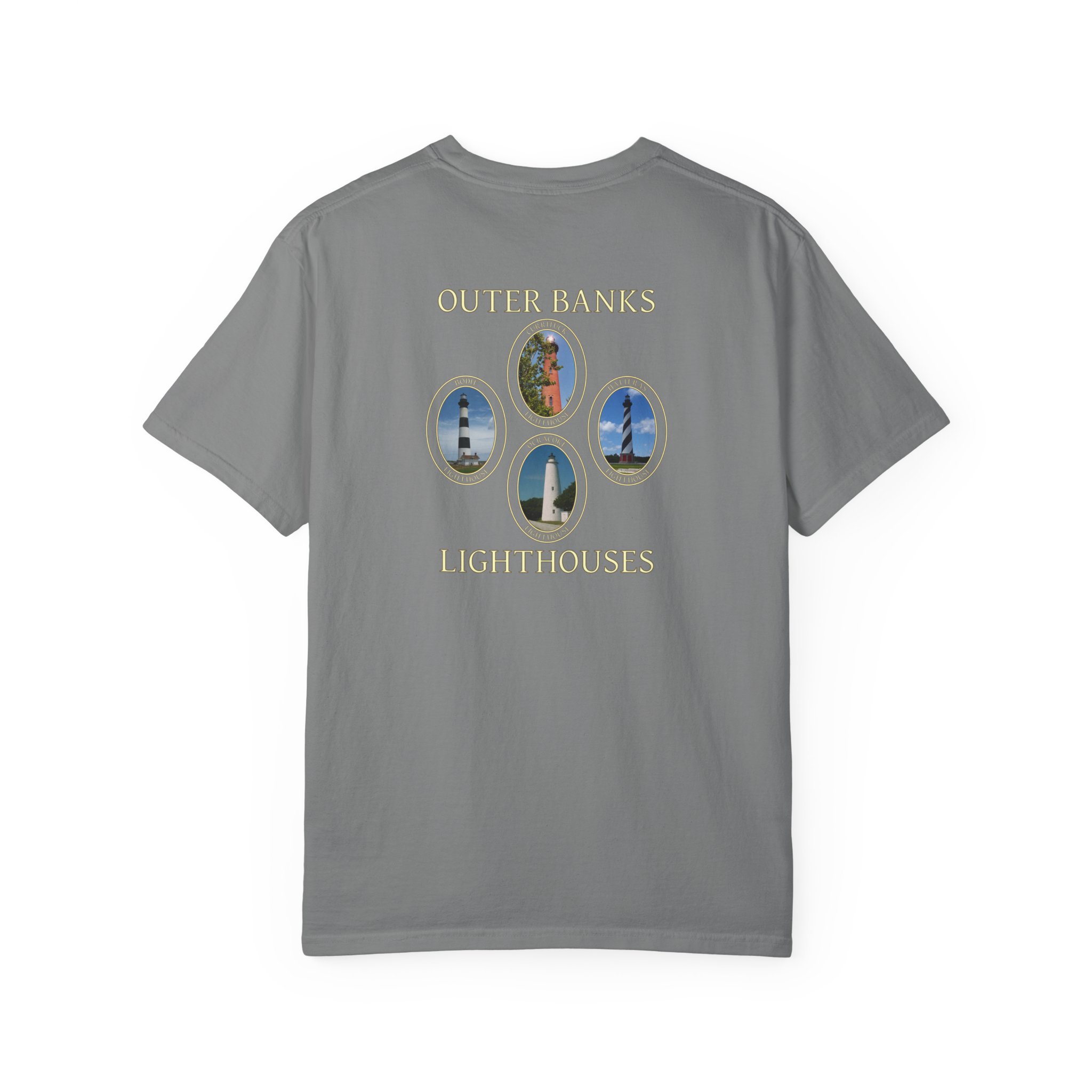 Ocracoke, Hatteras, Bodie and Currituck Lighthouses Outer Banks North Carolina Garment-Dyed Heavyweight T-Shirt with Front and Back Print - Image 10