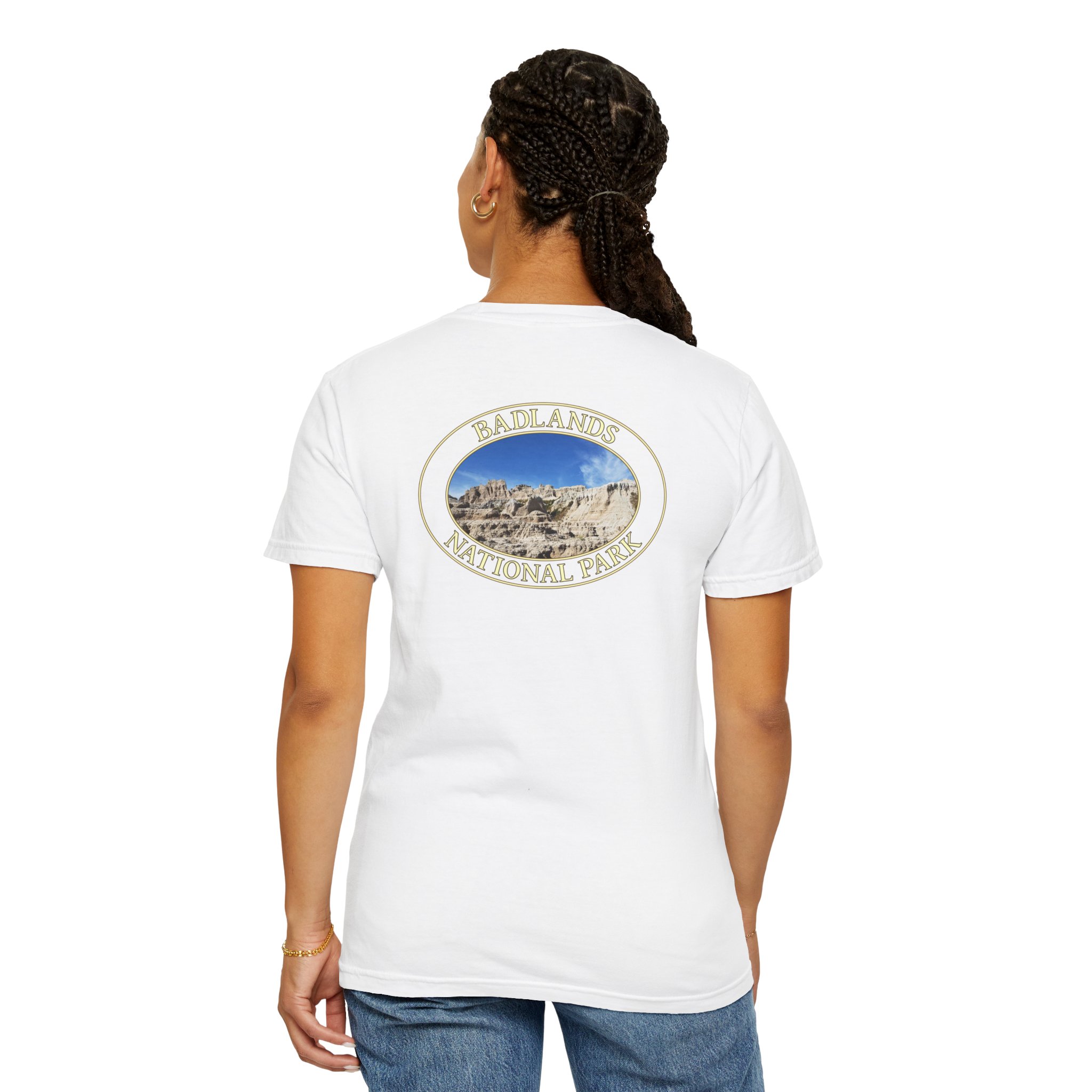 Sandstone Buttes under Clear Blue Sky at Badlands National Park - Heavyweight Garment-Dyed T-Shirt - Image 8