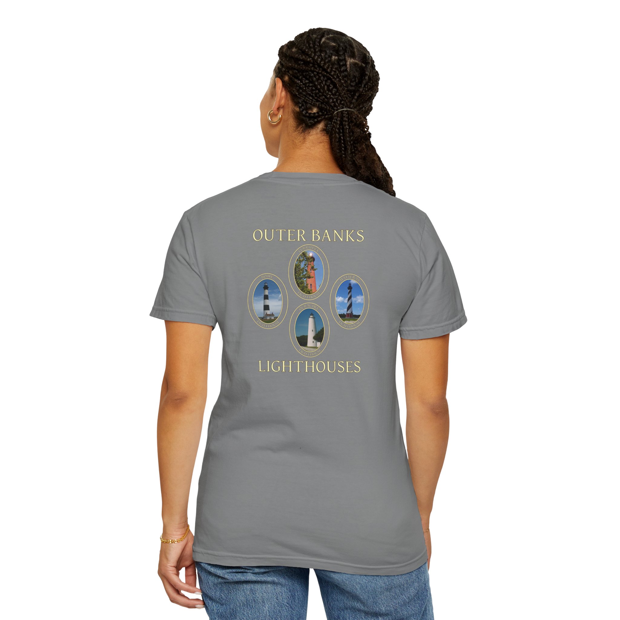 Ocracoke, Hatteras, Bodie and Currituck Lighthouses Outer Banks North Carolina Garment-Dyed Heavyweight T-Shirt with Front and Back Print - Image 12