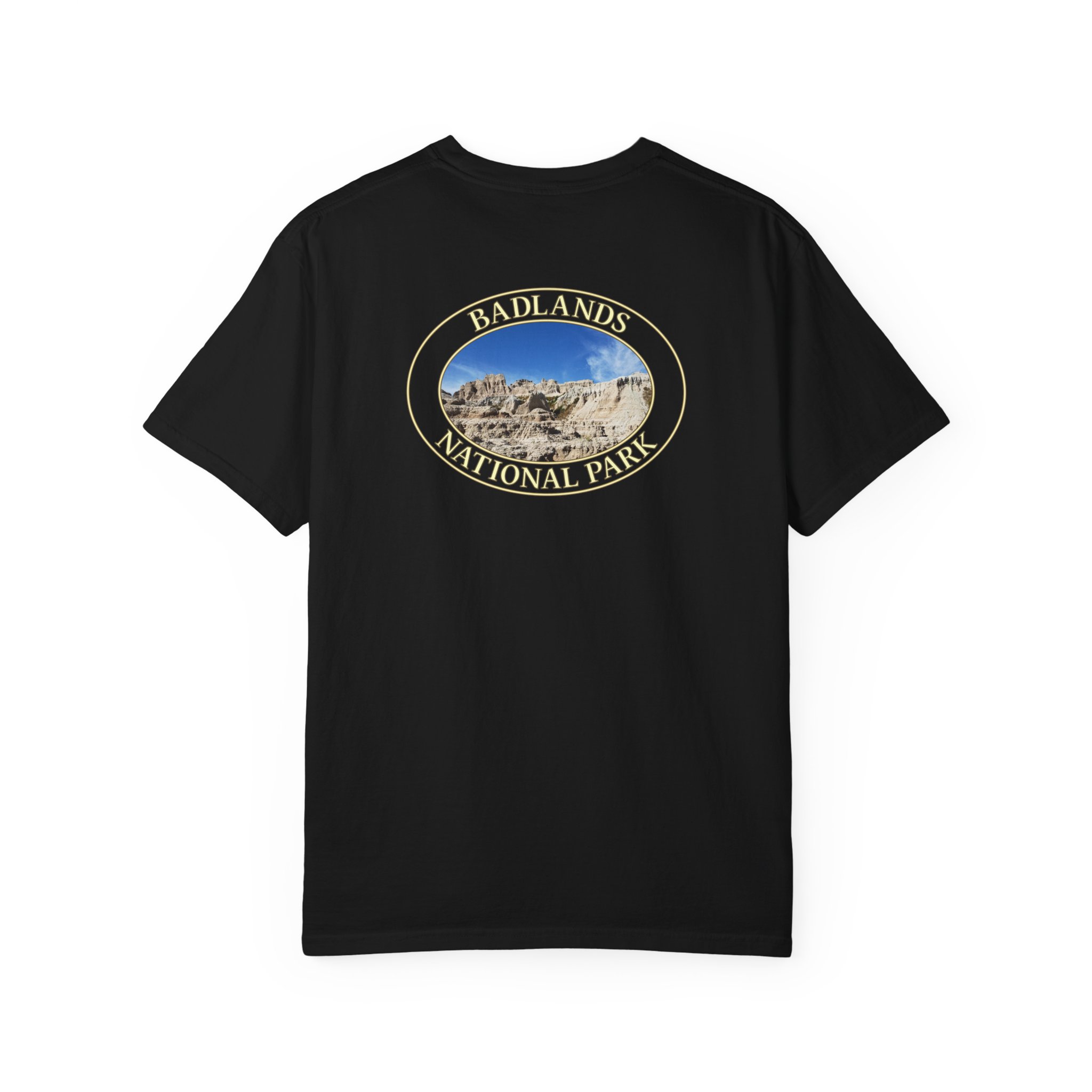 Sandstone Buttes under Clear Blue Sky at Badlands National Park - Heavyweight Garment-Dyed T-Shirt - Image 22