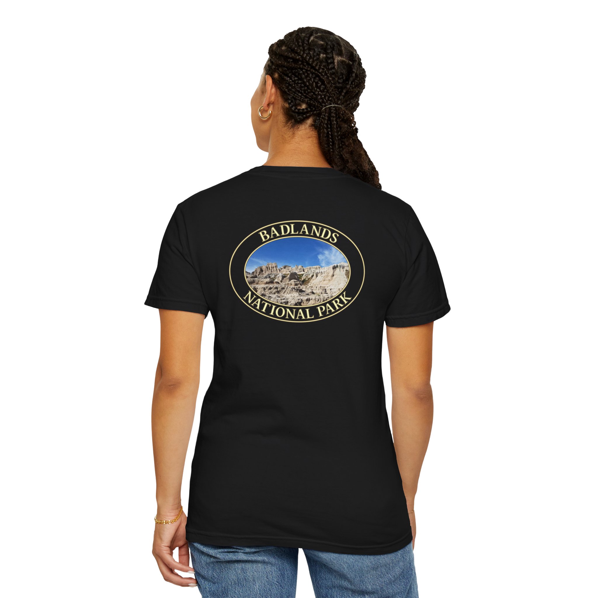Sandstone Buttes under Clear Blue Sky at Badlands National Park - Heavyweight Garment-Dyed T-Shirt - Image 24