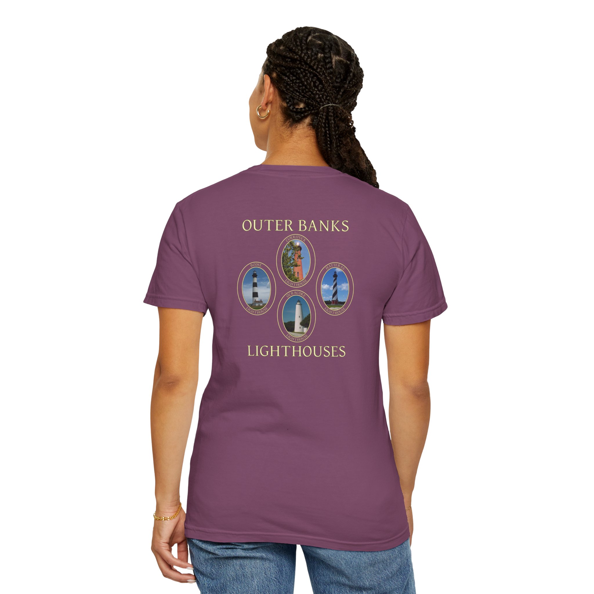 Ocracoke, Hatteras, Bodie and Currituck Lighthouses Outer Banks North Carolina Garment-Dyed Heavyweight T-Shirt with Front and Back Print - Image 28
