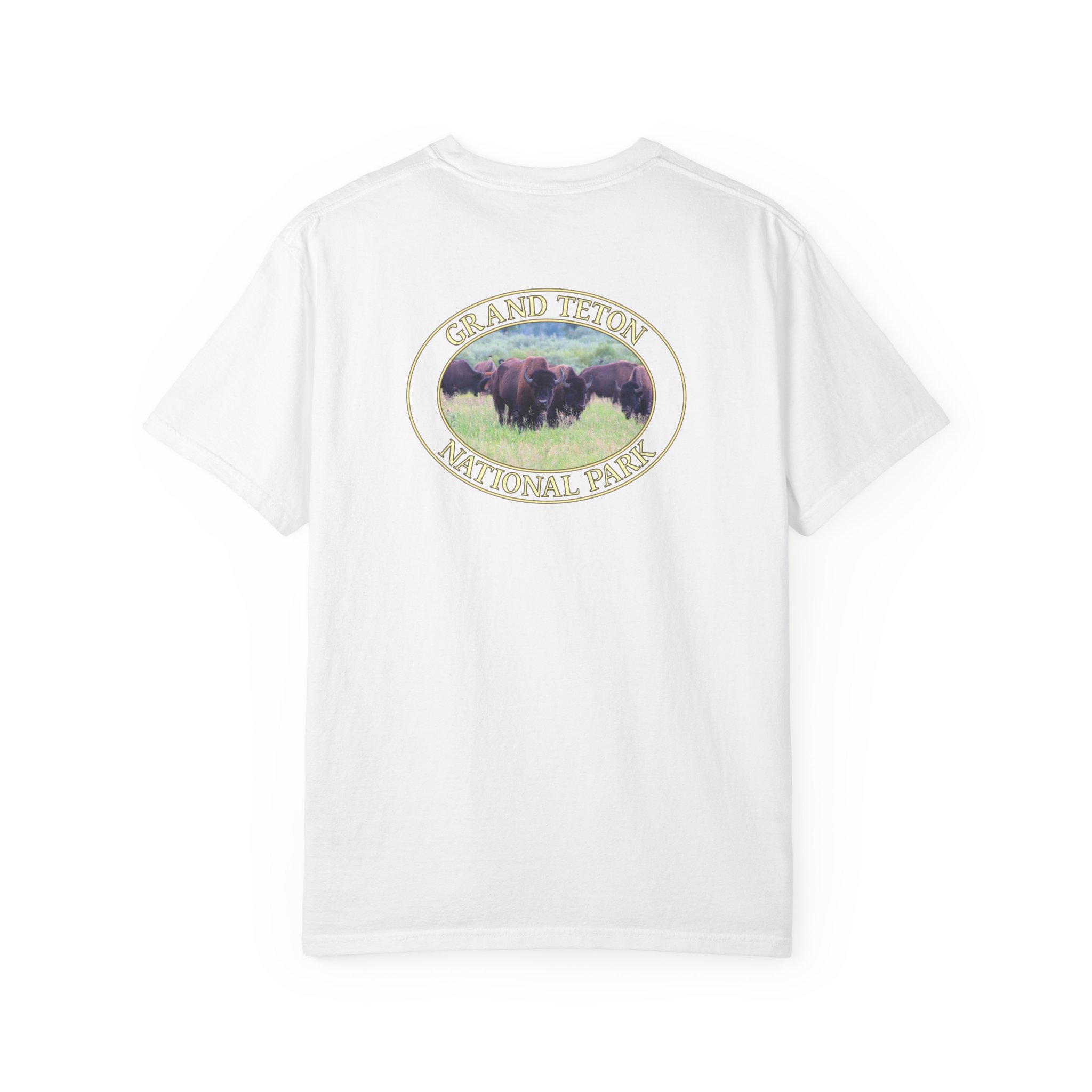 Wild Buffalo Herd in Grassy Meadow at Grand Teton National Park - Relaxed Fit Travel T-Shirt, Garment Dyed Heavyweight Tee - Image 6