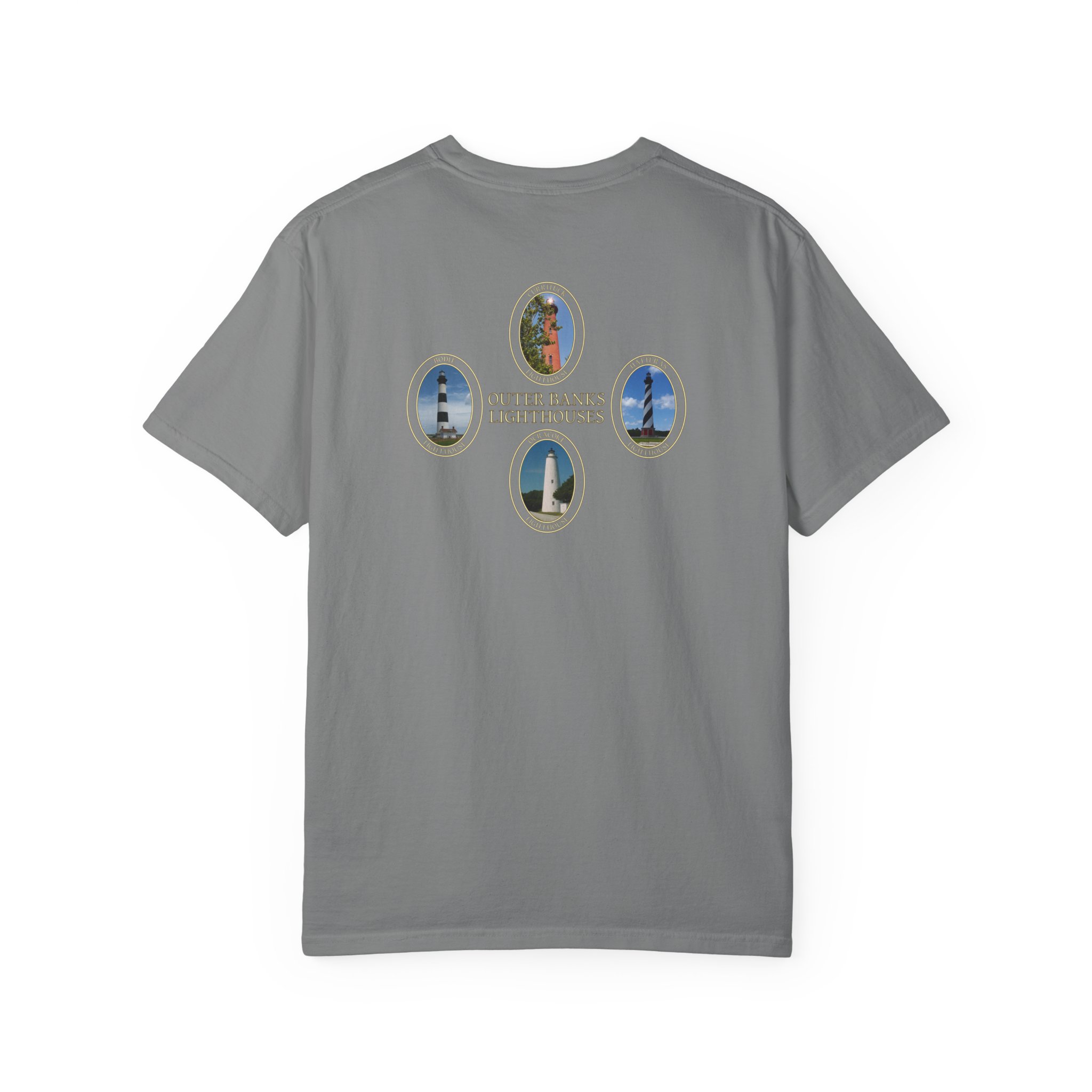 Ocracoke, Hatteras, Bodie and Currituck Lighthouses on Outer Banks North Carolina Garment-Dyed Heavyweight T-Shirt - Image 14