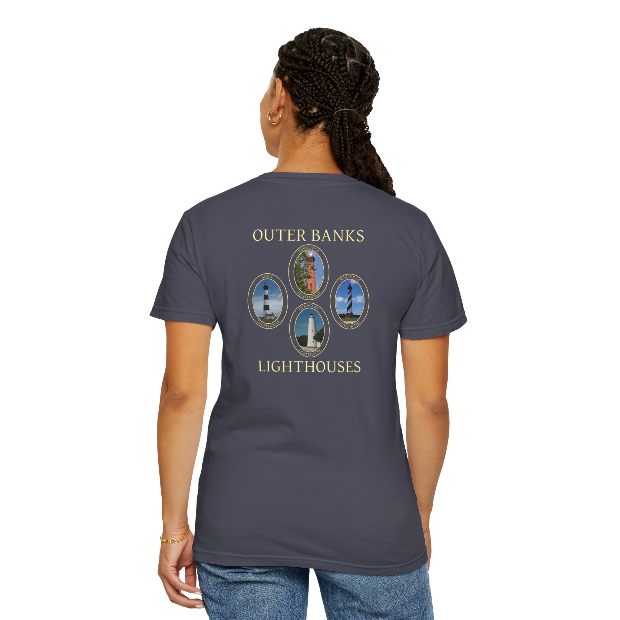 Ocracoke, Hatteras, Bodie and Currituck Lighthouses Outer Banks North Carolina Garment-Dyed Heavyweight T-Shirt with Front and Back Print - Image 24