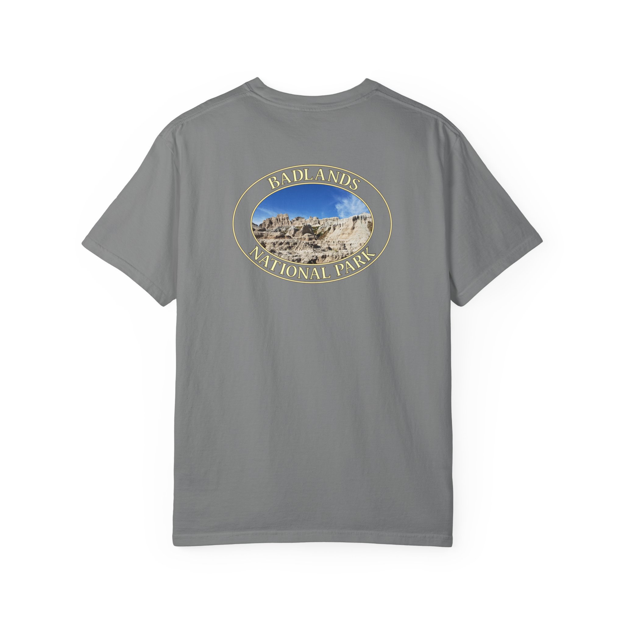 Sandstone Buttes under Clear Blue Sky at Badlands National Park - Heavyweight Garment-Dyed T-Shirt - Image 14