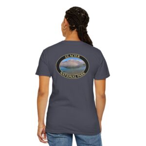 Lake McDonald Reflection at Glacier National Park Scenic Travel T-Shirt with Front and Back Photo Print, Garment Dyed Heavyweight Tee
