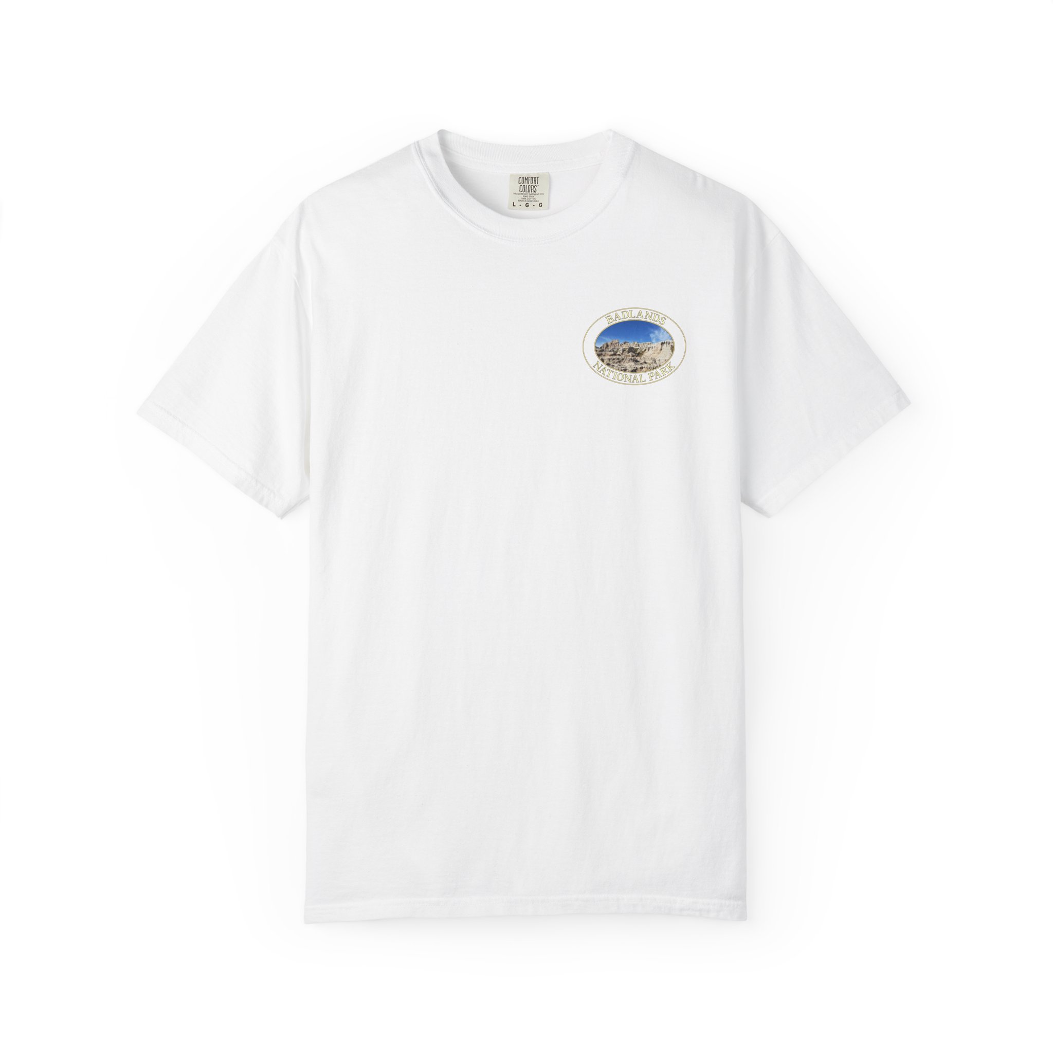 Sandstone Buttes under Clear Blue Sky at Badlands National Park - Heavyweight Garment-Dyed T-Shirt - Image 5