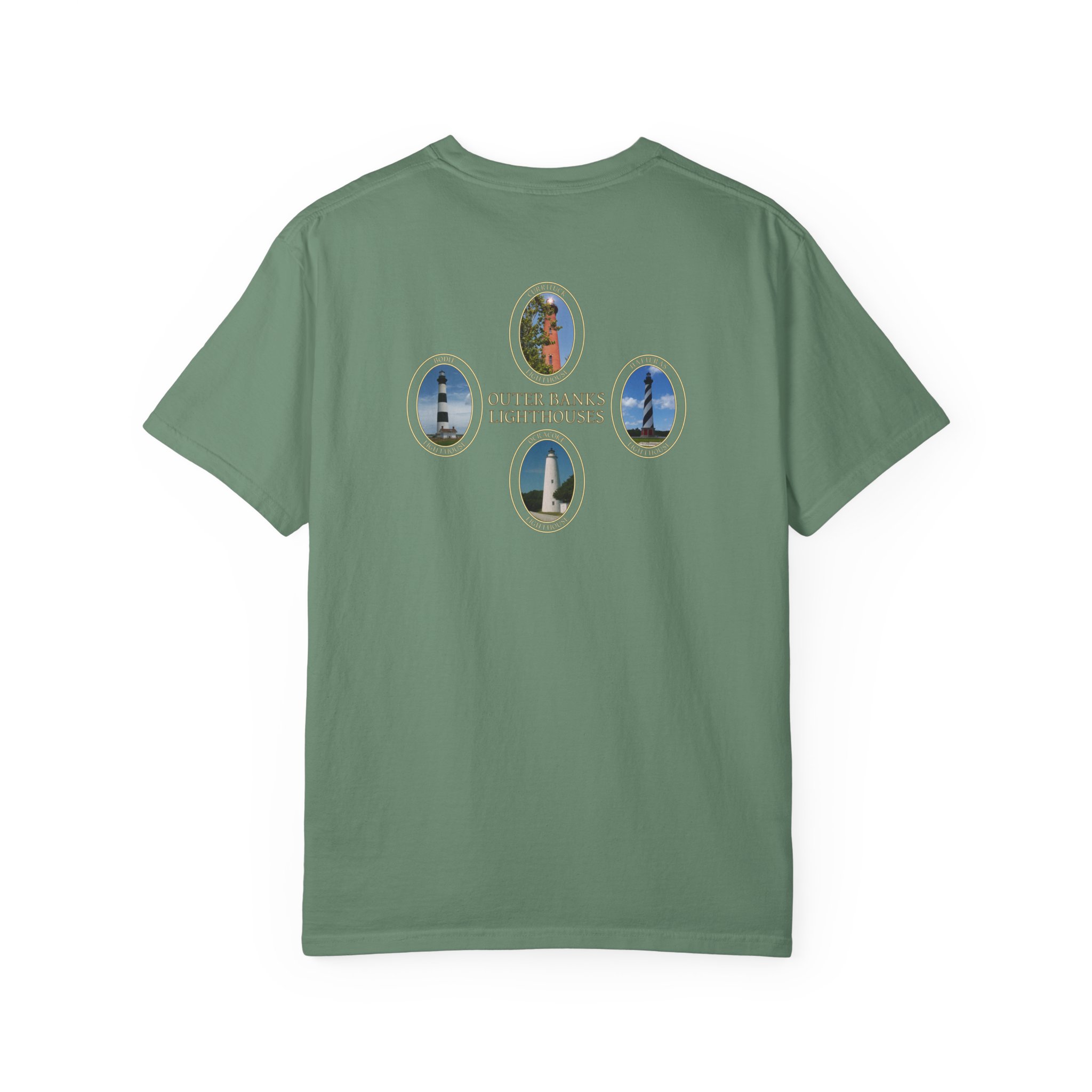 Ocracoke, Hatteras, Bodie and Currituck Lighthouses on Outer Banks North Carolina Garment-Dyed Heavyweight T-Shirt - Image 18