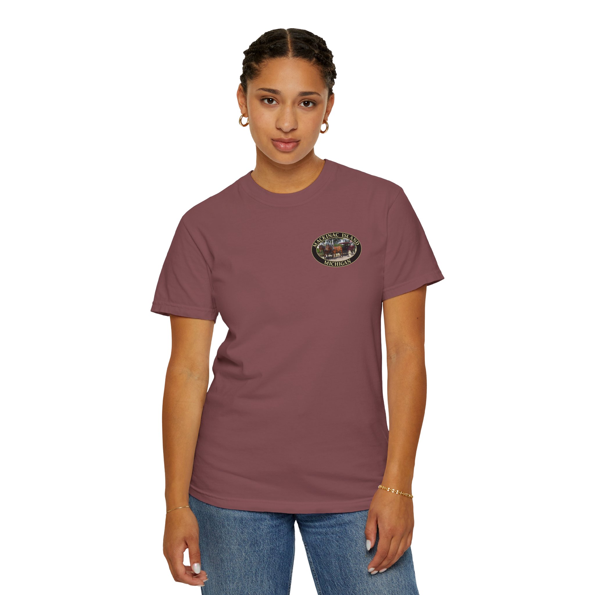 Horses and Carriage on West Bluff of Mackinac Island Michigan, Relaxed Fit Garment-Dyed Heavyweight T-Shirt, 2-sided Print - Image 4