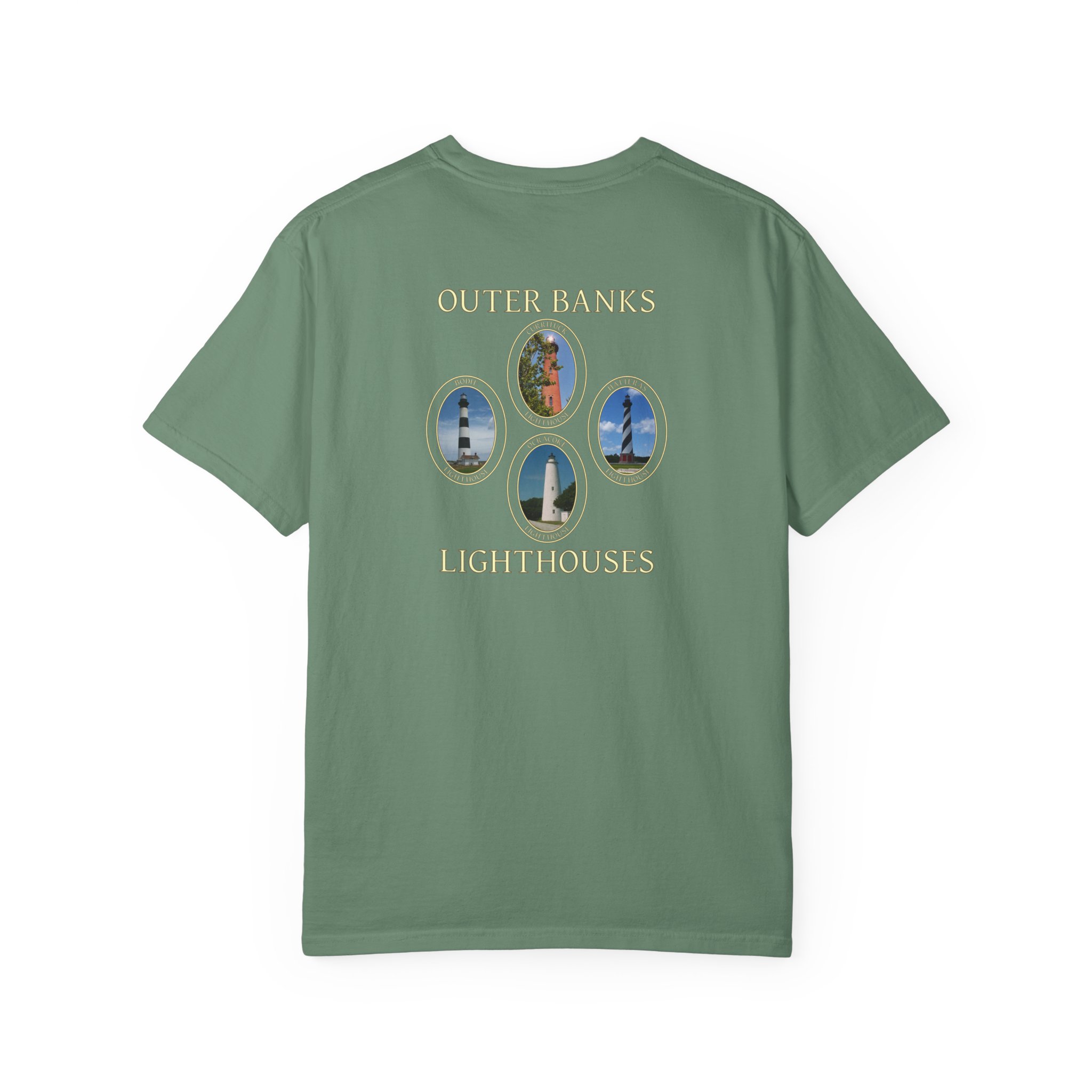Ocracoke, Hatteras, Bodie and Currituck Lighthouses Outer Banks North Carolina Garment-Dyed Heavyweight T-Shirt with Front and Back Print - Image 14