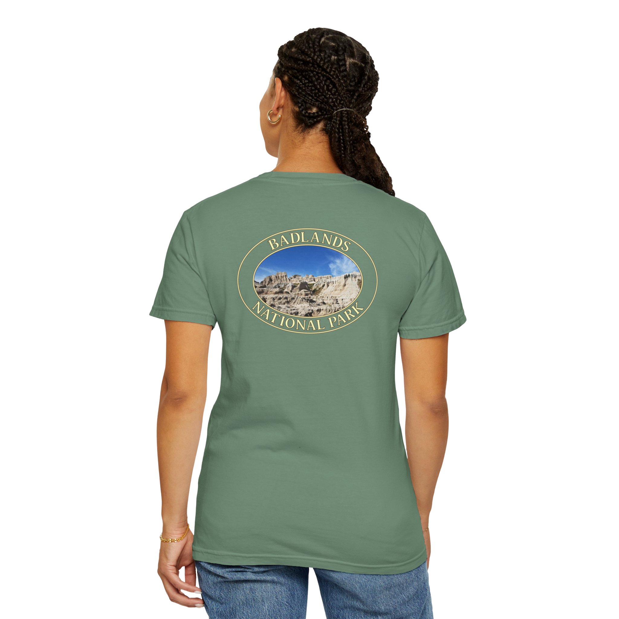Sandstone Buttes under Clear Blue Sky at Badlands National Park - Heavyweight Garment-Dyed T-Shirt - Image 20