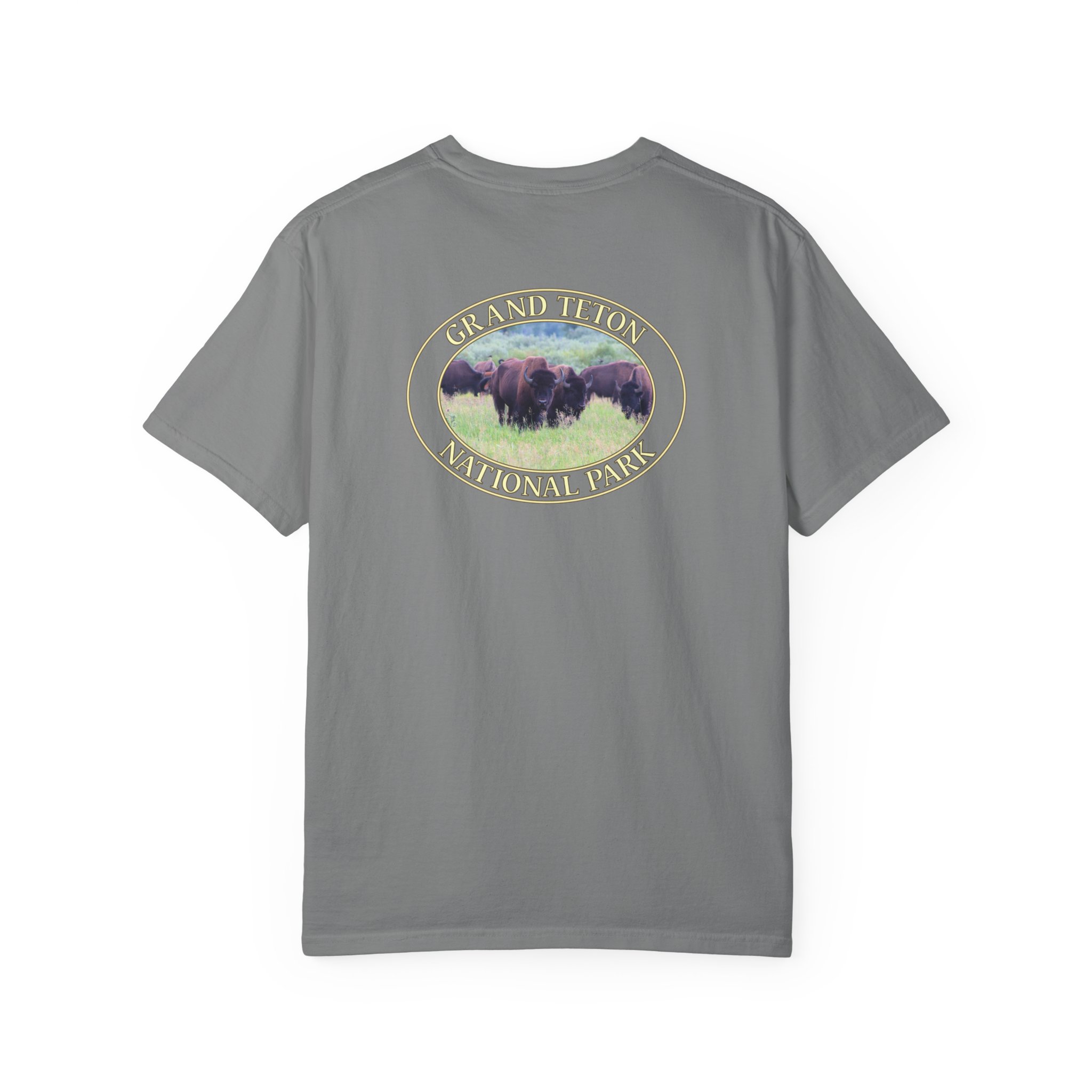 Wild Buffalo Herd in Grassy Meadow at Grand Teton National Park - Relaxed Fit Travel T-Shirt, Garment Dyed Heavyweight Tee - Image 10