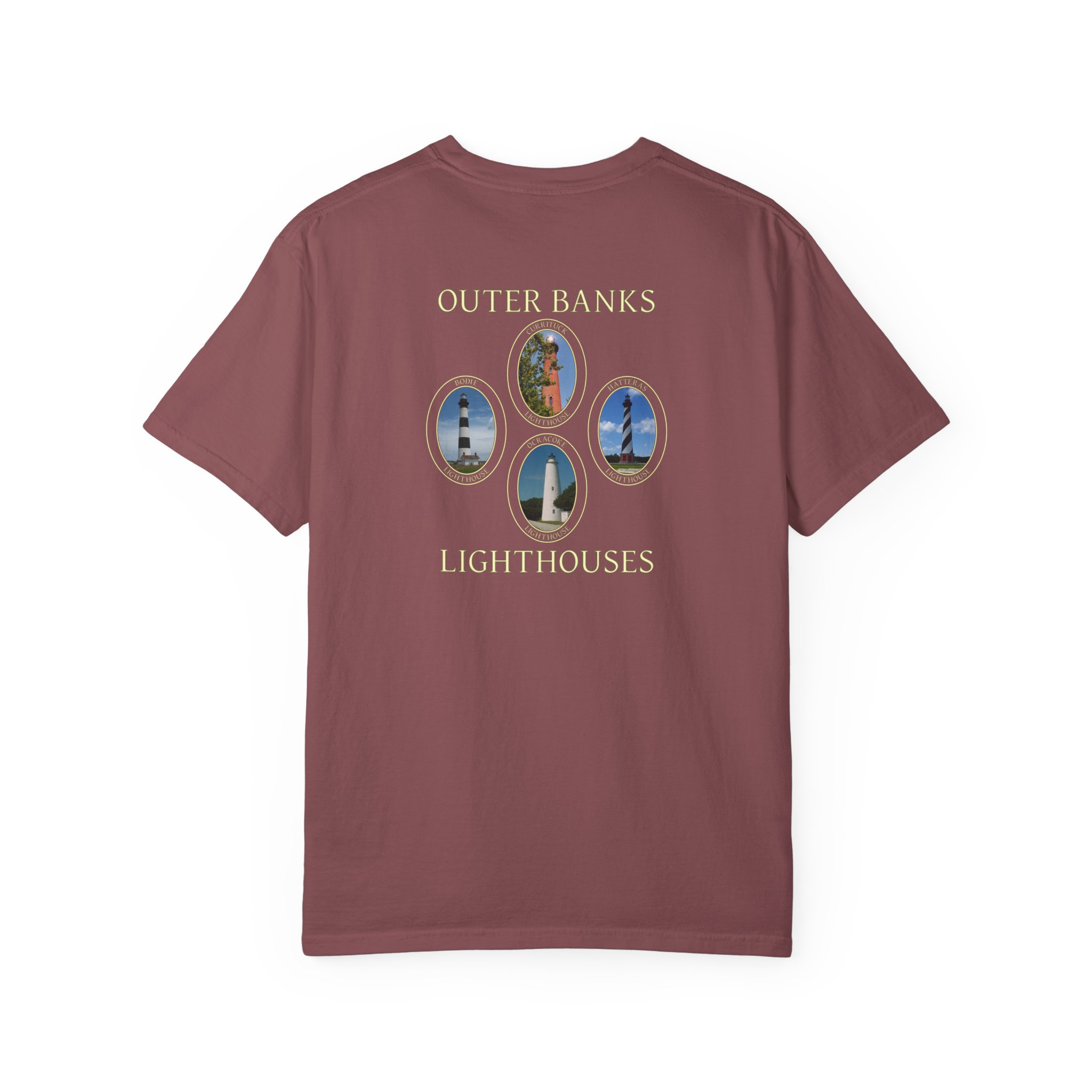 Ocracoke, Hatteras, Bodie and Currituck Lighthouses Outer Banks North Carolina Garment-Dyed Heavyweight T-Shirt with Front and Back Print - Image 3