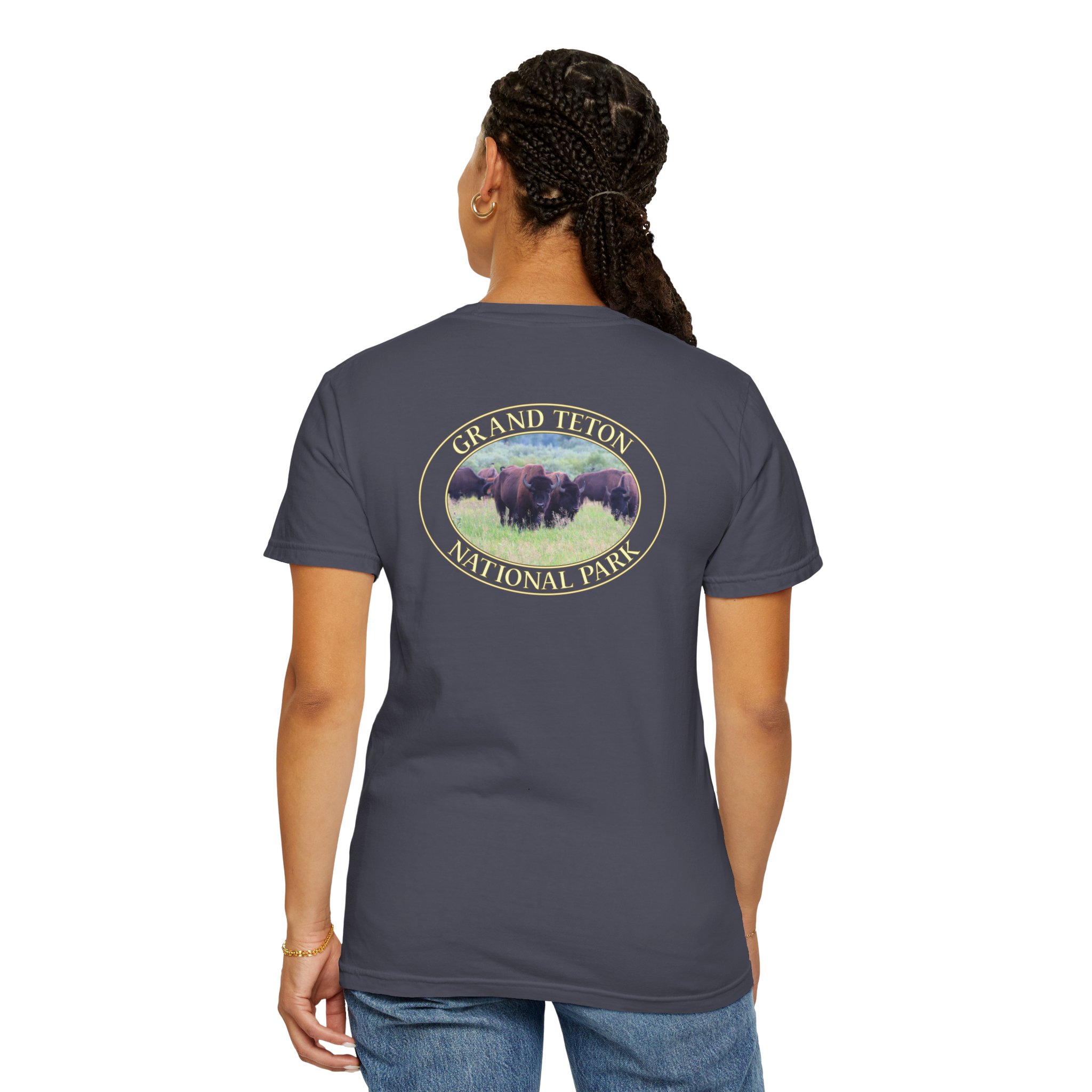 Wild Buffalo Herd in Grassy Meadow at Grand Teton National Park - Relaxed Fit Travel T-Shirt, Garment Dyed Heavyweight Tee - Image 24