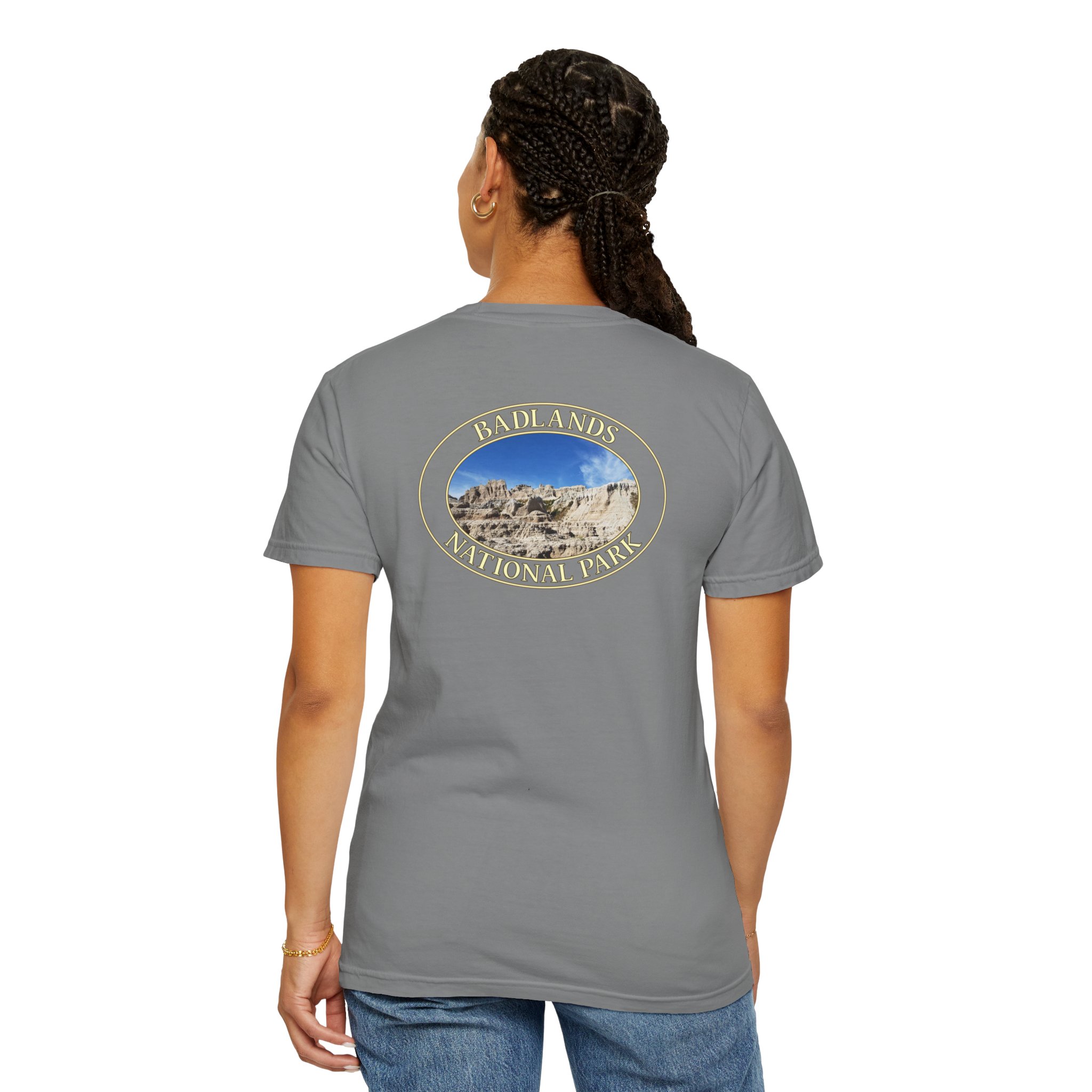 Sandstone Buttes under Clear Blue Sky at Badlands National Park - Heavyweight Garment-Dyed T-Shirt - Image 16
