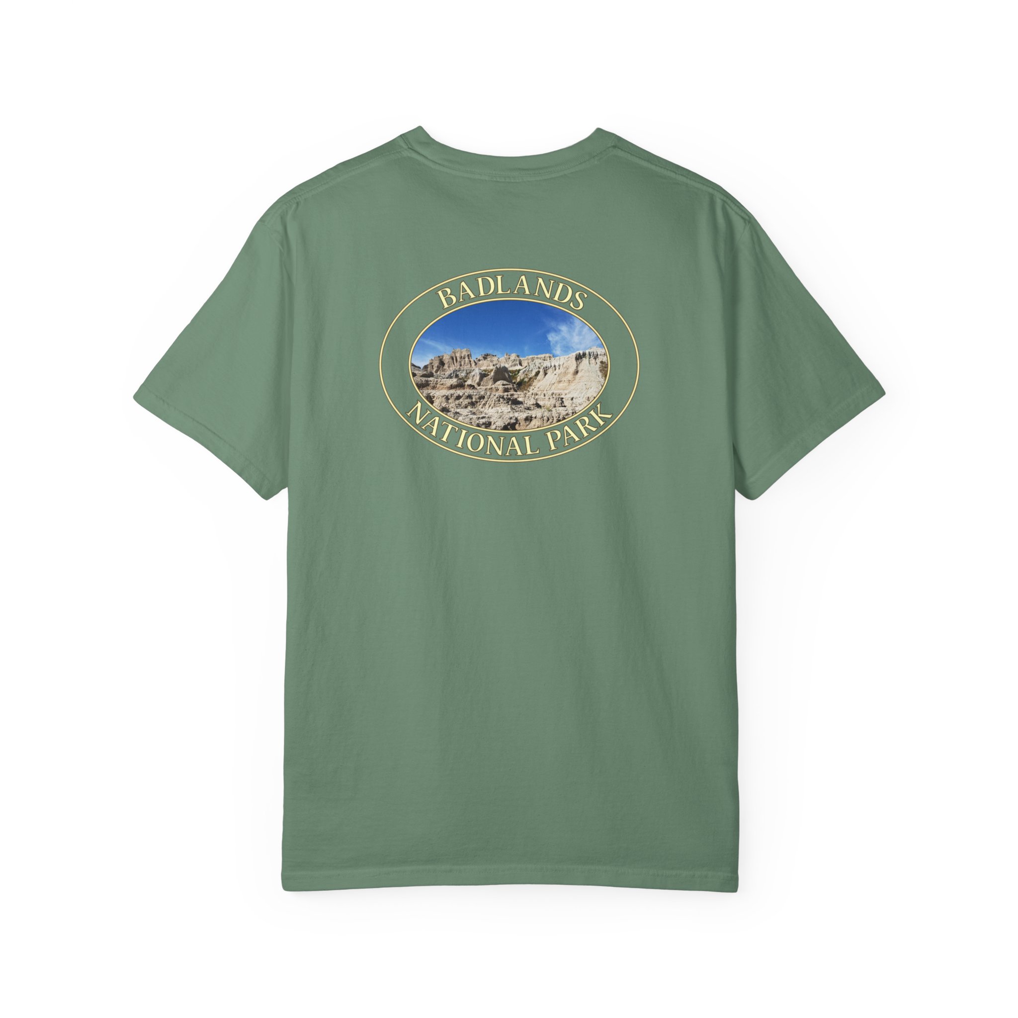 Sandstone Buttes under Clear Blue Sky at Badlands National Park - Heavyweight Garment-Dyed T-Shirt - Image 18