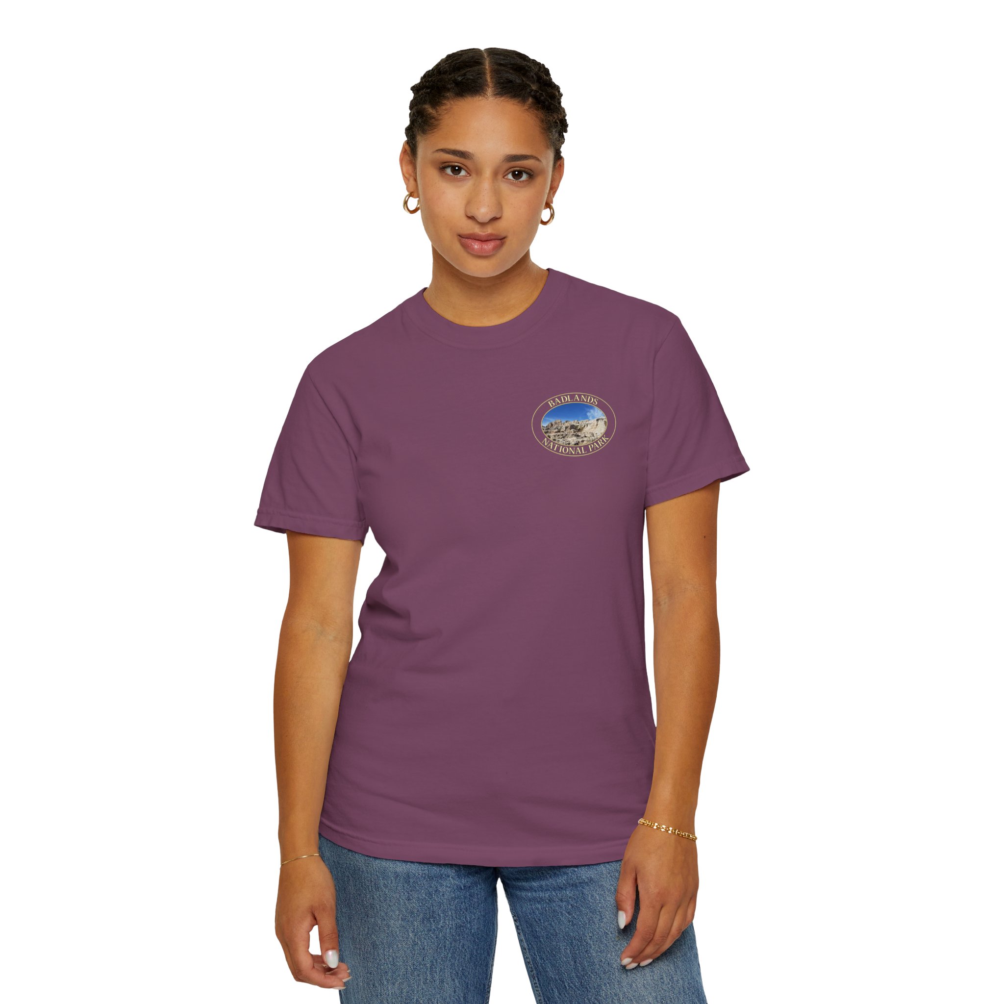 Sandstone Buttes under Clear Blue Sky at Badlands National Park - Heavyweight Garment-Dyed T-Shirt - Image 27