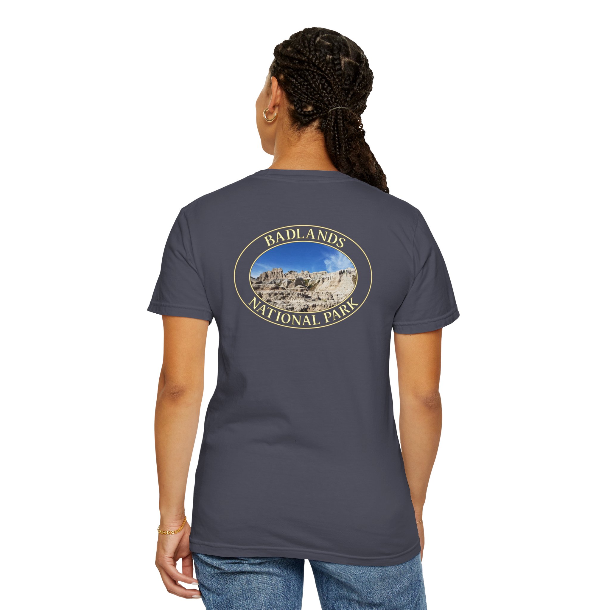 Sandstone Buttes under Clear Blue Sky at Badlands National Park - Heavyweight Garment-Dyed T-Shirt