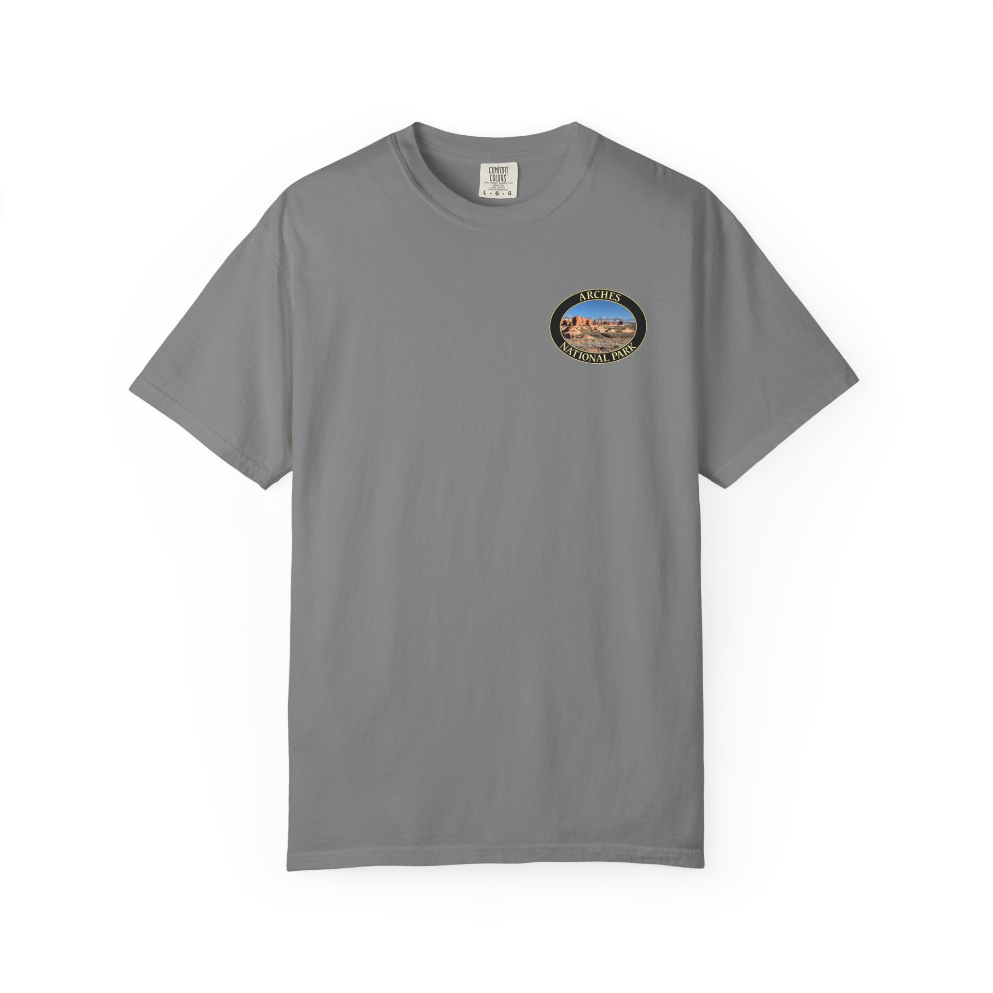 Wide Angle View of the Windows Area at Arches National Park, Scenic Garment Dyed Heavyweight Travel T-Shirt with Front and Back Print - Image 9