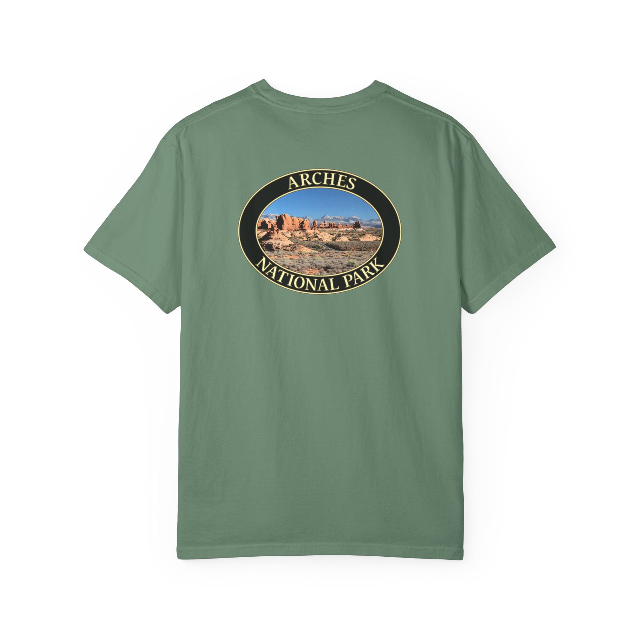 Wide Angle View of the Windows Area at Arches National Park, Scenic Garment Dyed Heavyweight Travel T-Shirt with Front and Back Print - Image 14