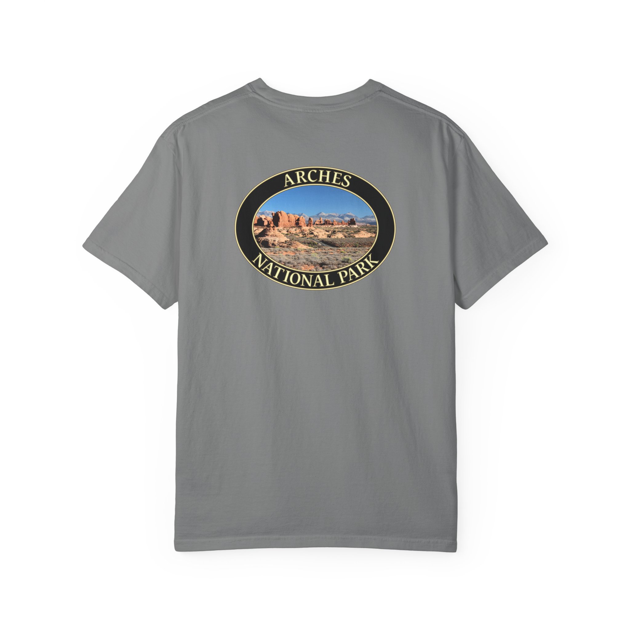 Wide Angle View of the Windows Area at Arches National Park, Scenic Garment Dyed Heavyweight Travel T-Shirt with Front and Back Print - Image 10