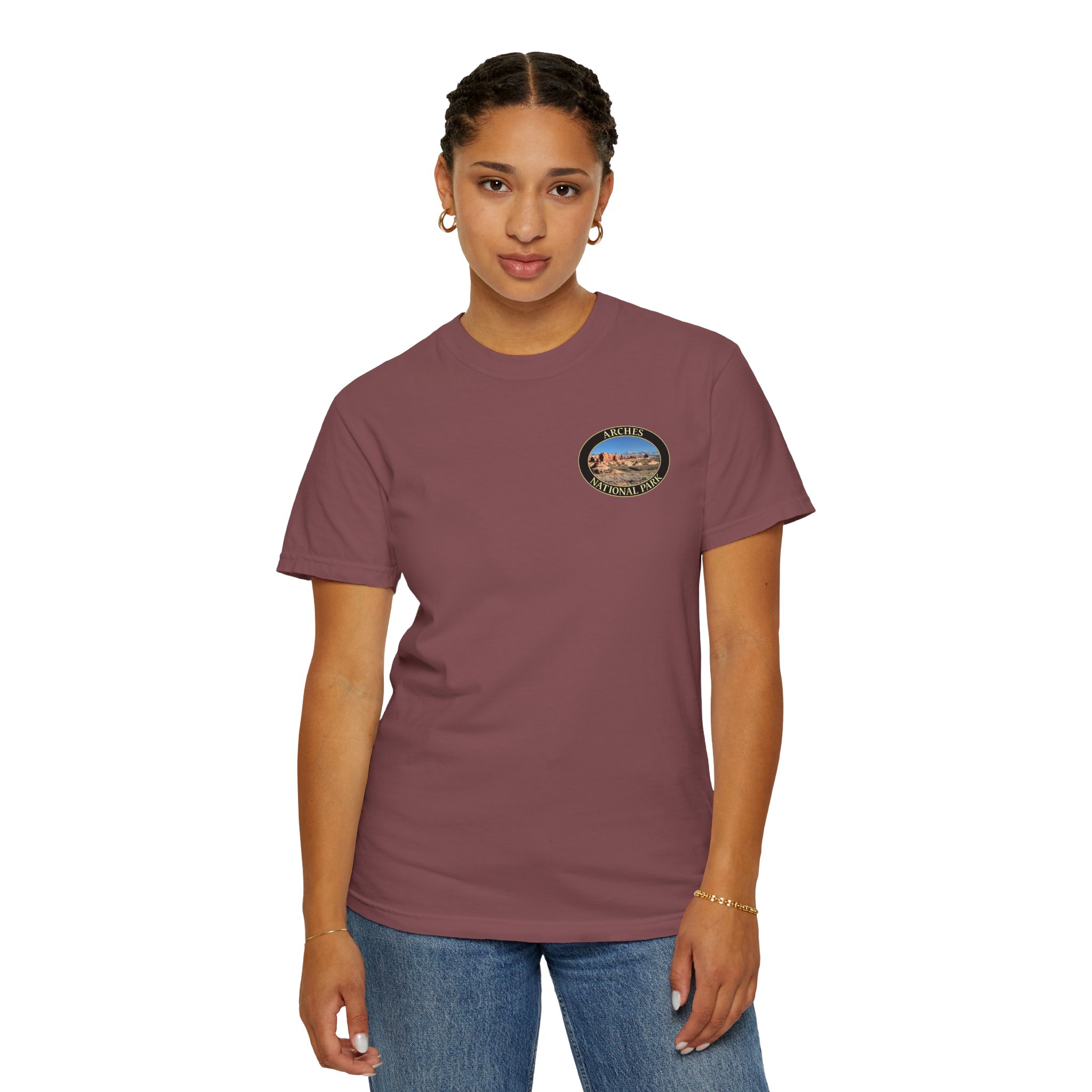 Wide Angle View of the Windows Area at Arches National Park, Scenic Garment Dyed Heavyweight Travel T-Shirt with Front and Back Print - Image 4