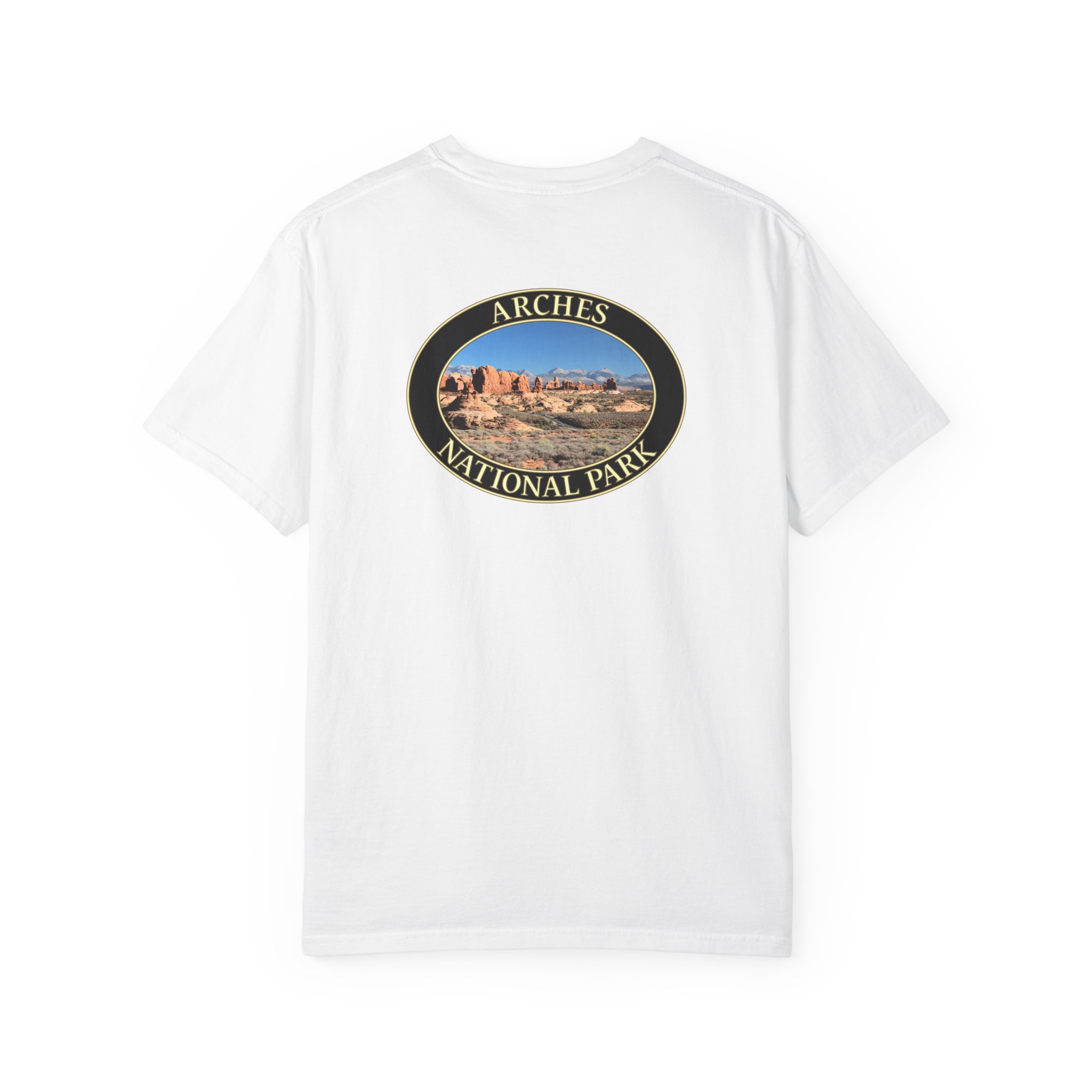 Wide Angle View of the Windows Area at Arches National Park, Scenic Garment Dyed Heavyweight Travel T-Shirt with Front and Back Print - Image 6