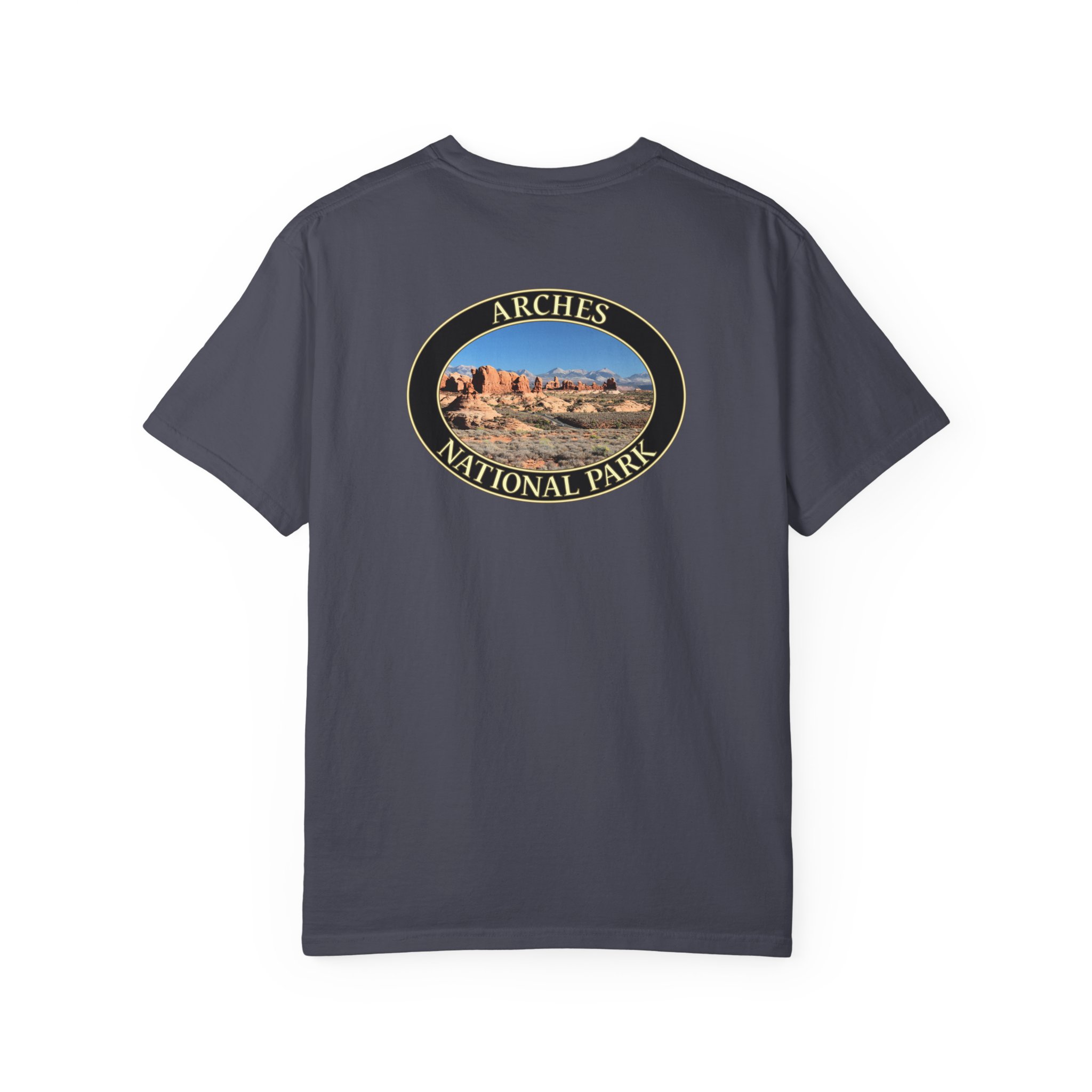 Wide Angle View of the Windows Area at Arches National Park, Scenic Garment Dyed Heavyweight Travel T-Shirt with Front and Back Print - Image 22
