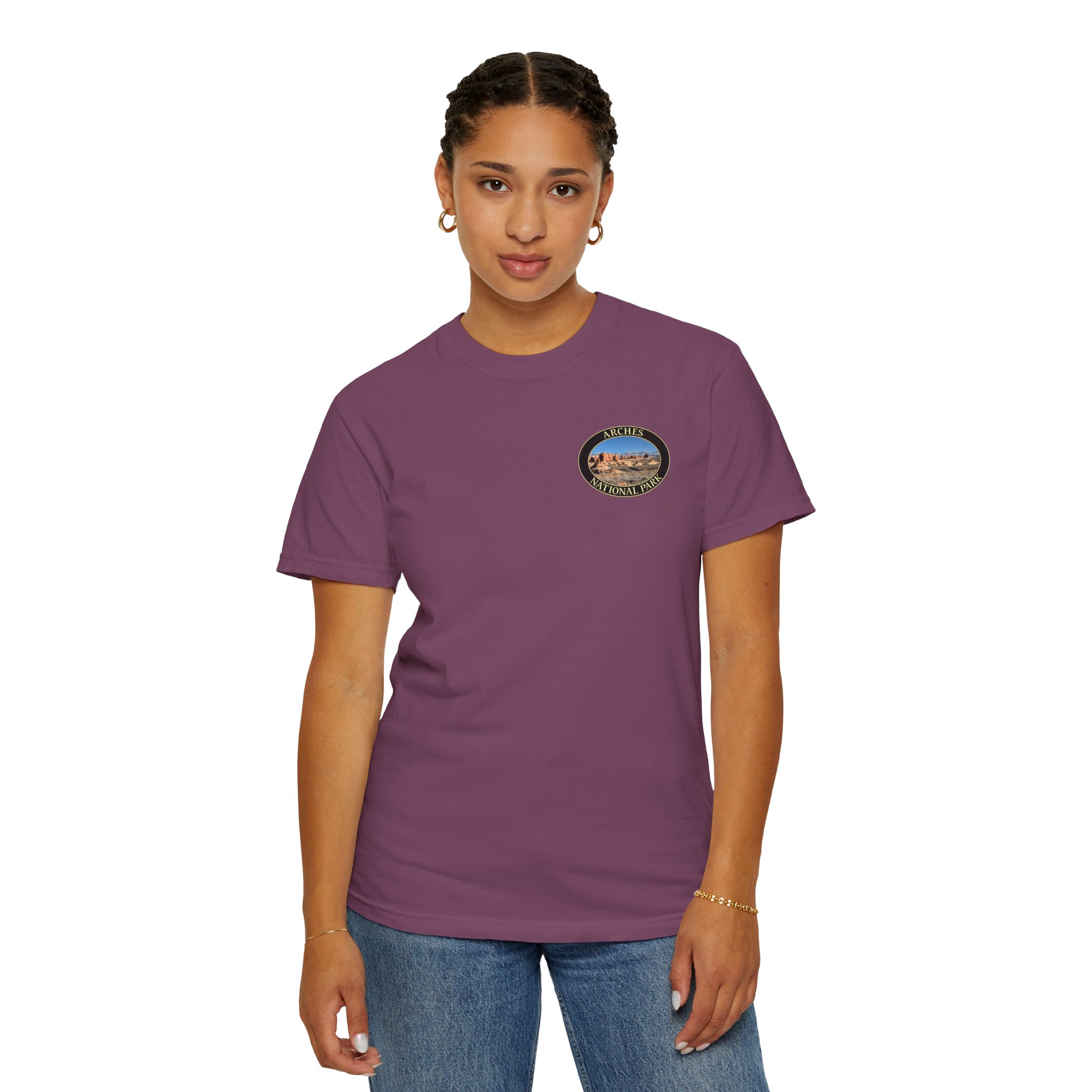 Wide Angle View of the Windows Area at Arches National Park, Scenic Garment Dyed Heavyweight Travel T-Shirt with Front and Back Print - Image 27