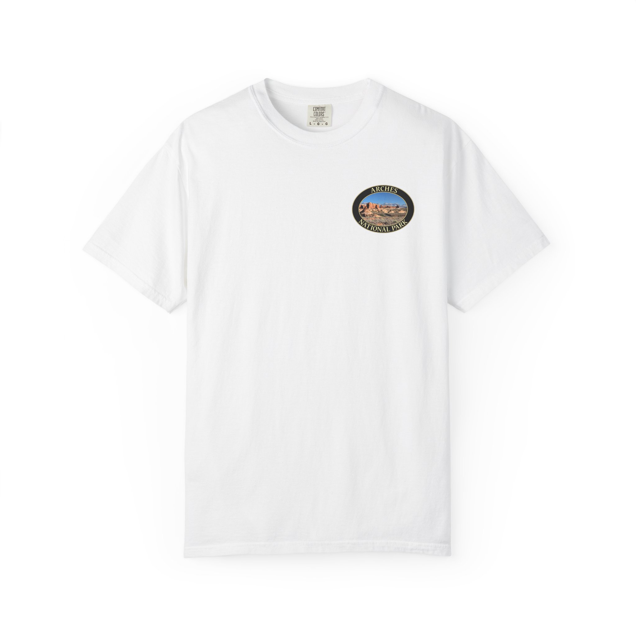 Wide Angle View of the Windows Area at Arches National Park, Scenic Garment Dyed Heavyweight Travel T-Shirt with Front and Back Print - Image 5