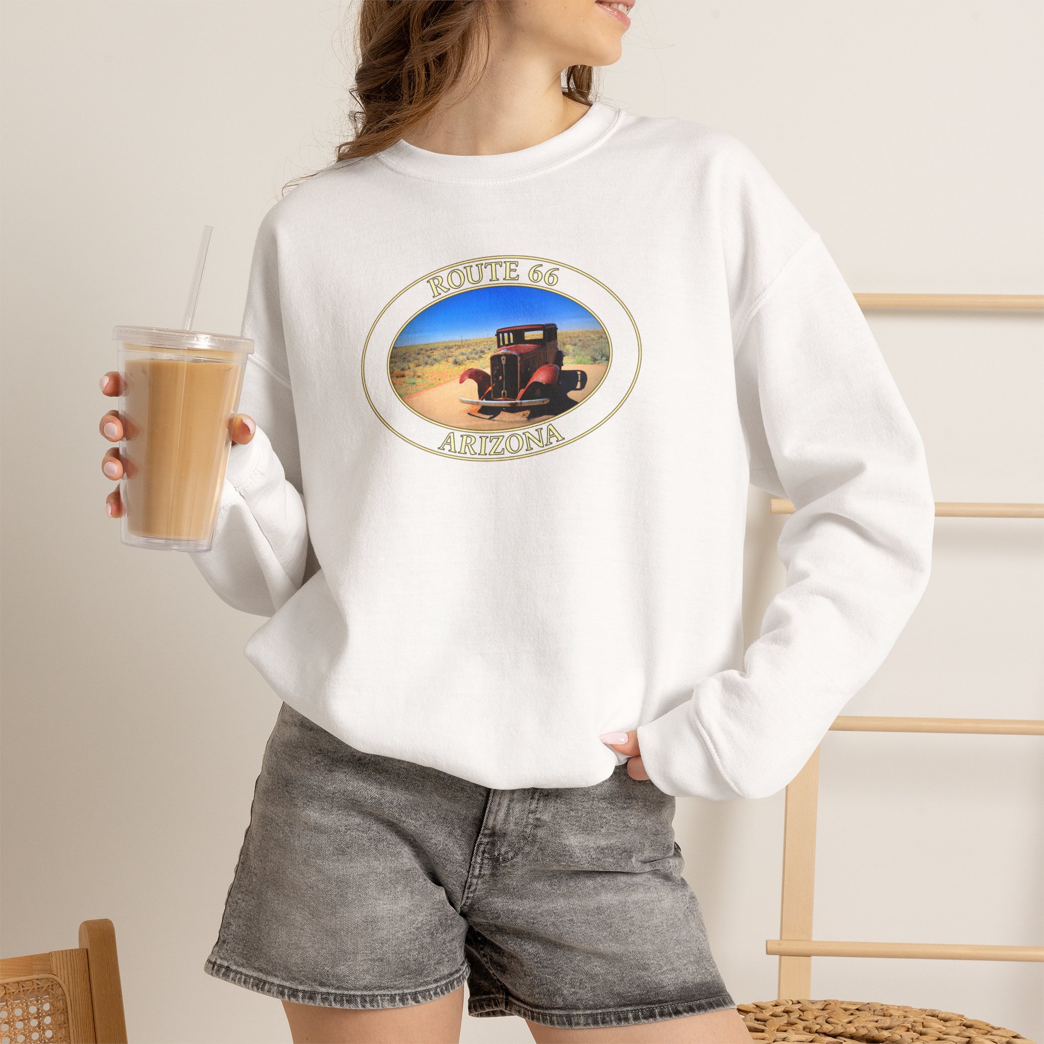 GentleSeas Crewneck Sweatshirt Featuring Antique Car on Historic Route 66 in Petrified Forest National Park - Image 4
