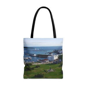Harbor and Downtown on Mackinac Island Michigan Scenic Photography Tote Bag with Vibrant All-Over Print, Original GentleSeas Photography