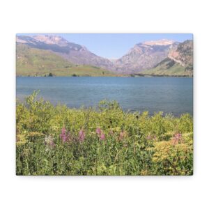 Wrapped Canvas Wall Art of Jackson Lake with Wildflowers and Mountain Peaks – Scenic Grand Teton National Park Landscape Photography