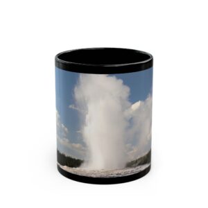 Old Faithful Geyser Erupting at Yellowstone National Park Black Ceramic Mug with Scenic Wraparound Photo, Original GentleSeas Photography