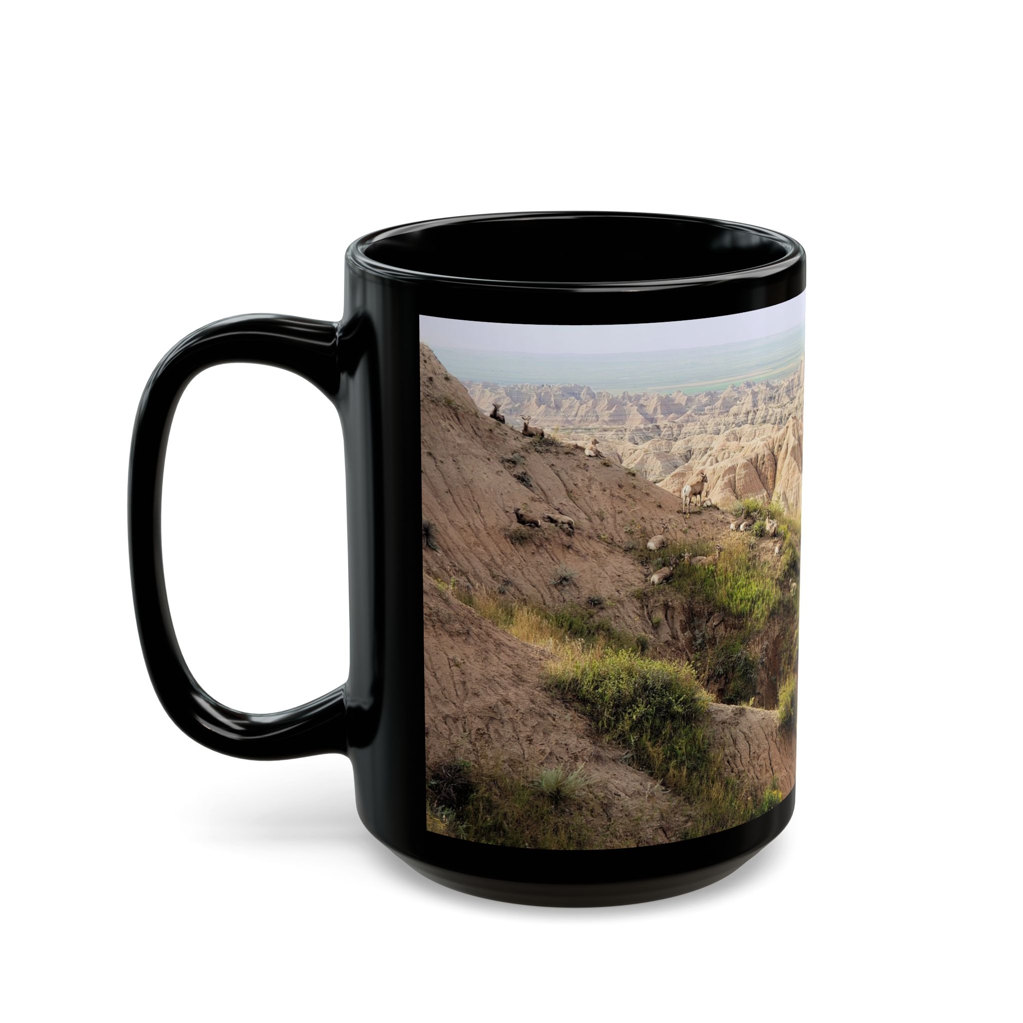 Bighorn Sheep Herd on Hill, Black Ceramic Wraparound Mug Featuring Original GentleSeas Photography from Badlands National Park - 11oz & 15oz - Image 8