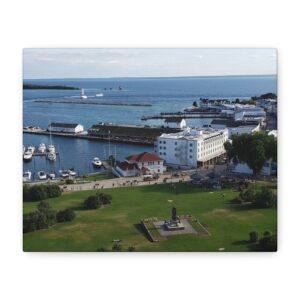 Harbor and Downtown Mackinac Island Wrapped Canvas Wall Art – Michigan Great Lakes Photography – Lake Huron Marina, Waterfront, and Historic Downtown Print Ready to Hang