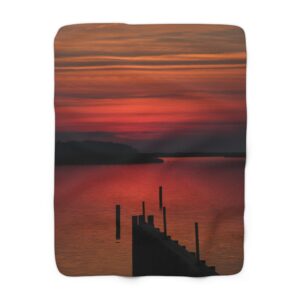 GentleSeas Sherpa Fleece Blanket Featuring Red Sunset over Albemarle Sound, Outer Banks NC - Cozy, Scenic Travel Blanket