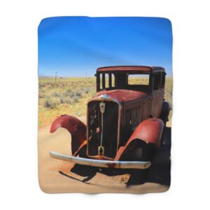 GentleSeas Sherpa Fleece Blanket Featuring Antique Car on Historic Route 66 in Petrified Forest National Park