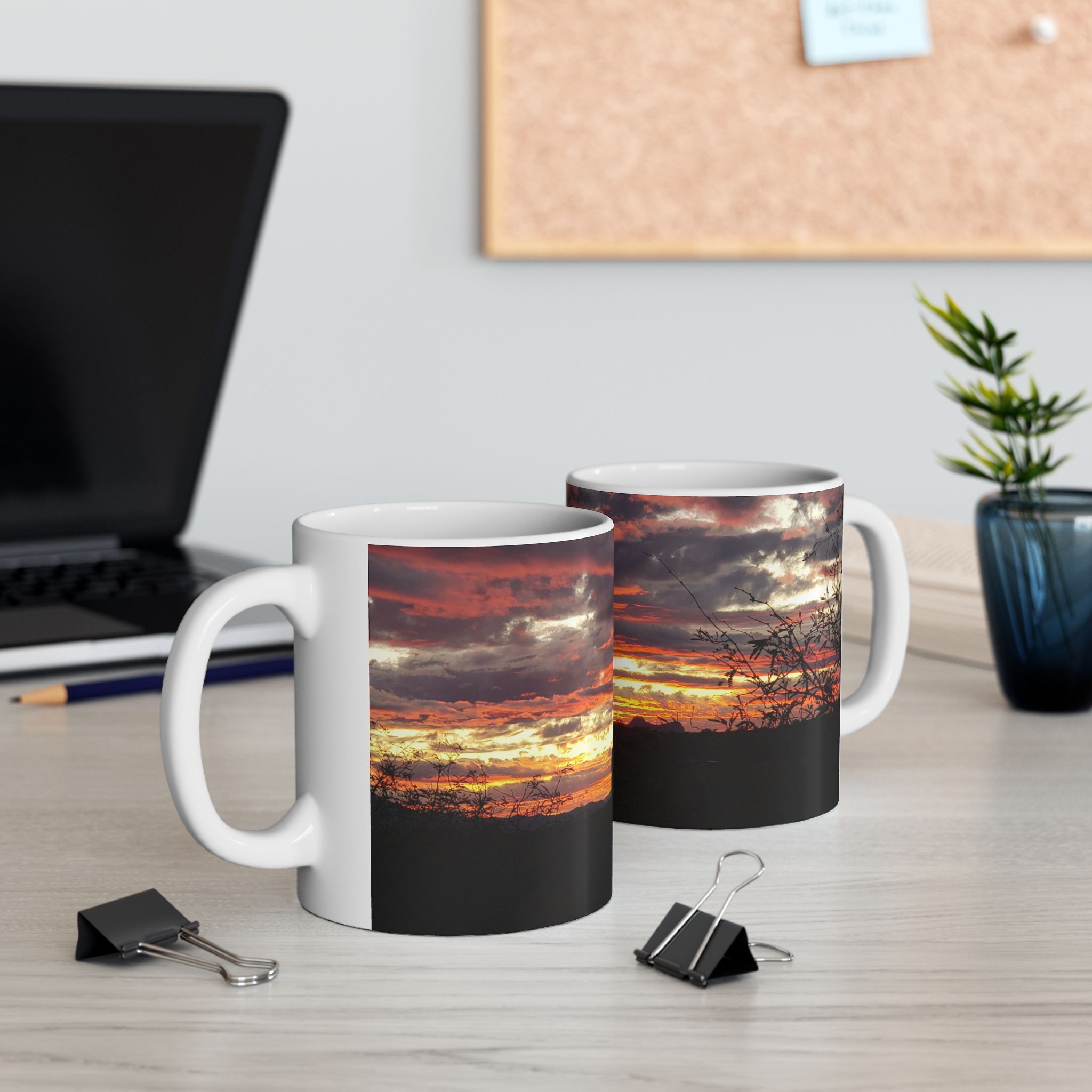 Arizona Sunset with Saguaro Cactus Ceramic Wraparound Mug, Scenic Catalina State Park Drinkware for Nature Lovers, Original GentleSeas Photography