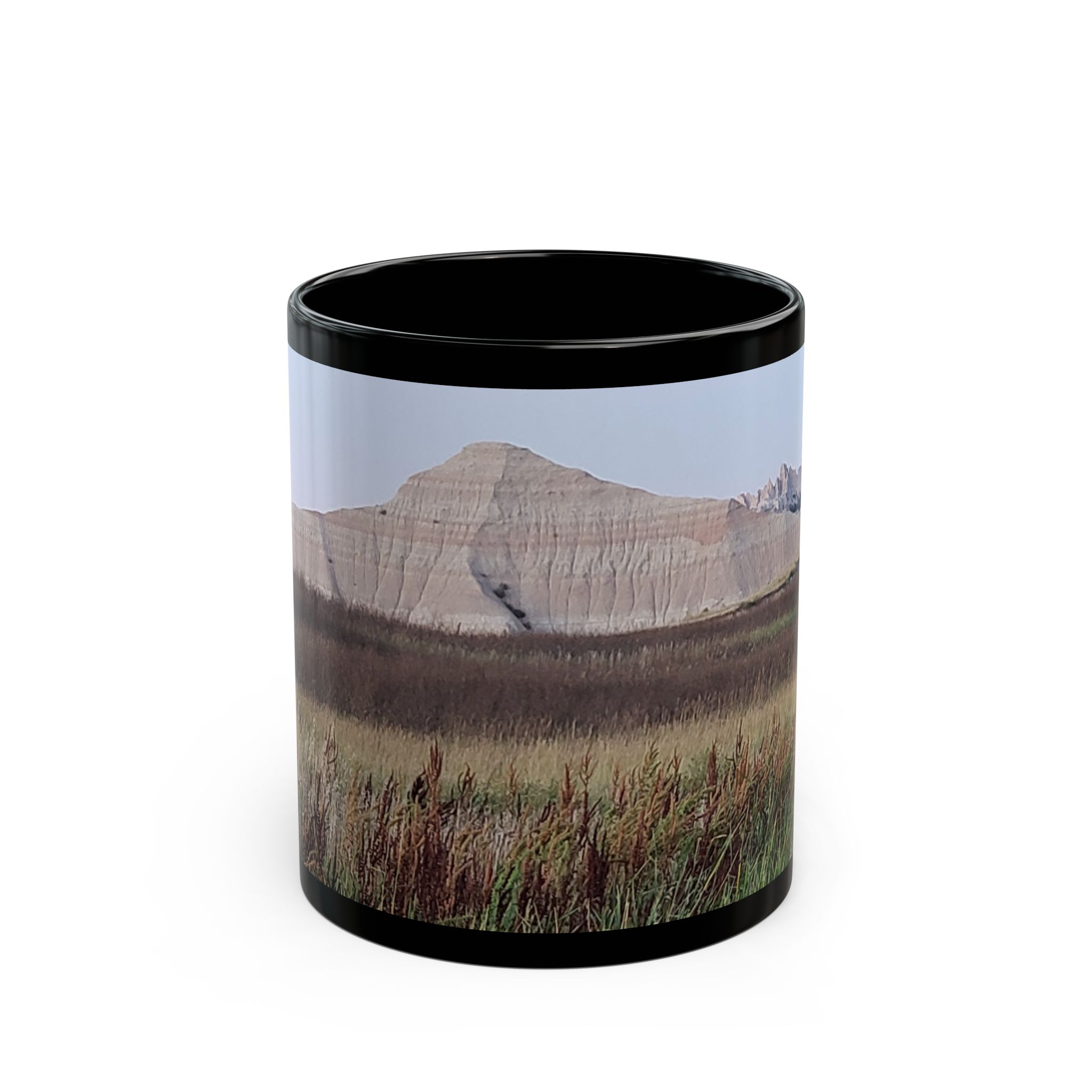 Sandstone Buttes at Badlands National Park Black Ceramic Wraparound Mug with Scenic Photo Print, Original GentleSeas Photography