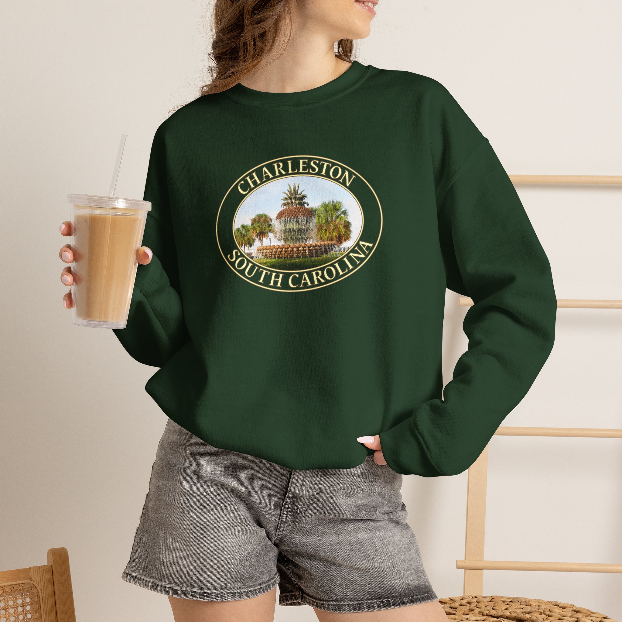 GentleSeas Pineapple Fountain Charleston SC Crewneck Sweatshirt - Cozy Travel & Nature Apparel