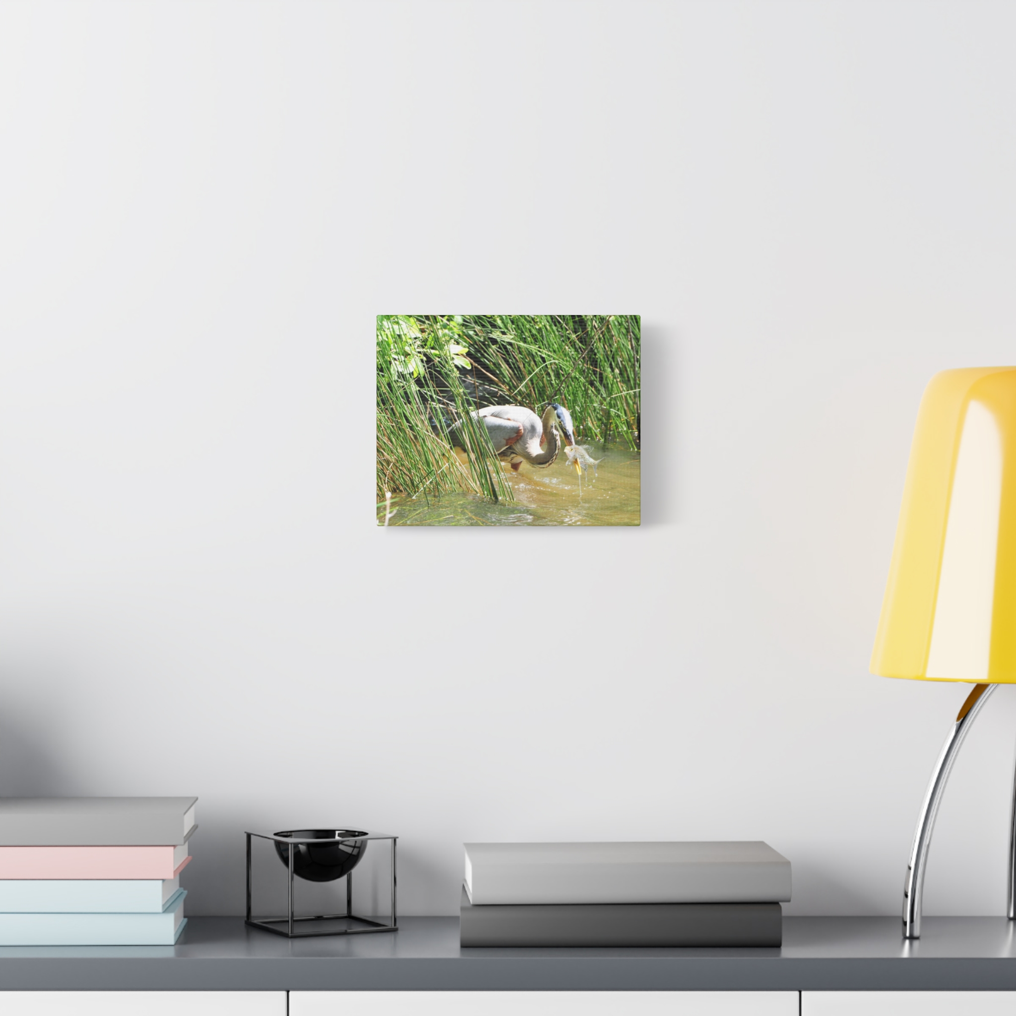 Gallery Wrapped Canvas Wall Art – Great Blue Heron with Fish in Reeds – North Carolina Wetlands Wildlife Photography Coastal Bird Decor - Image 3