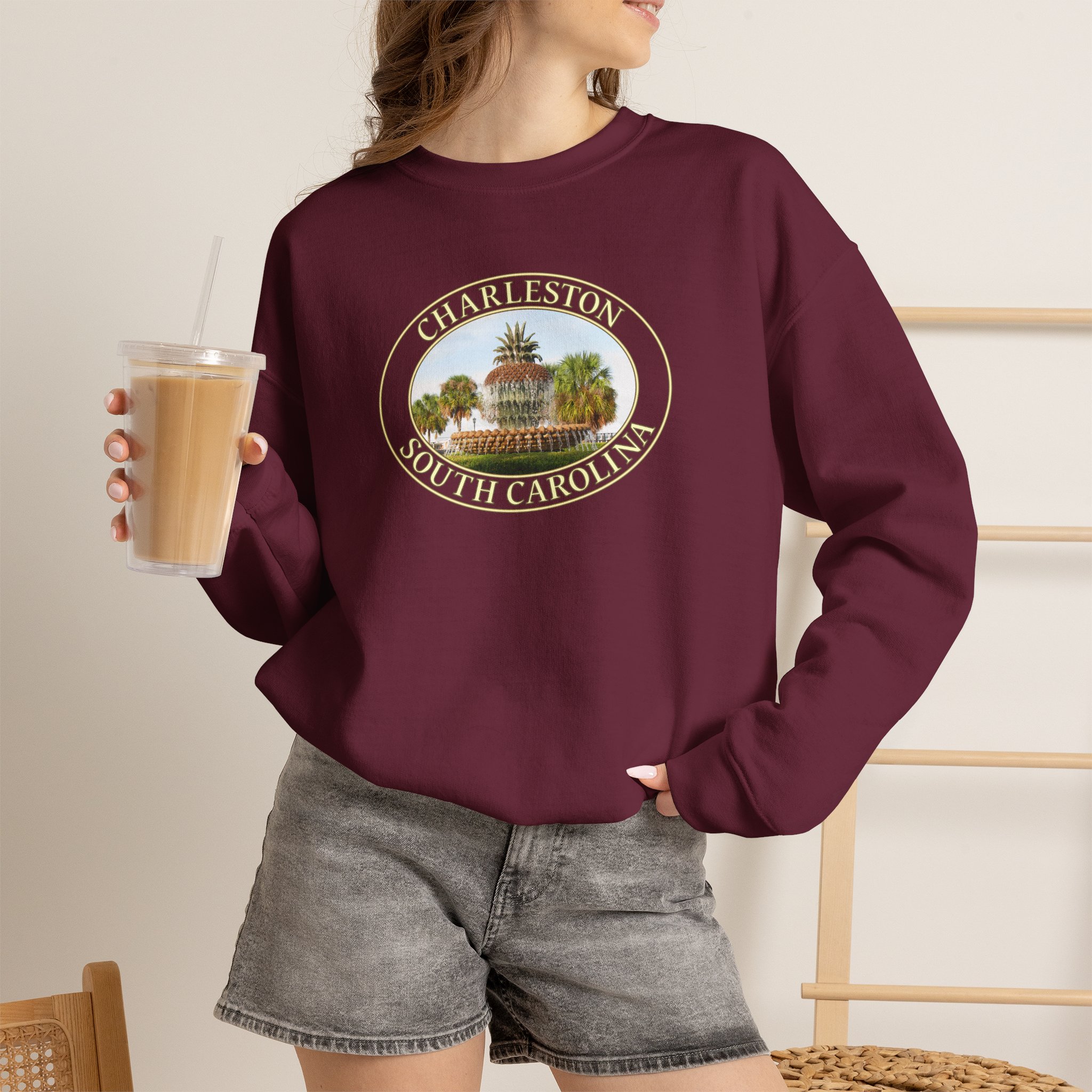 GentleSeas Pineapple Fountain Charleston SC Crewneck Sweatshirt - Cozy Travel & Nature Apparel - Image 14