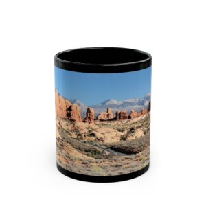 Wide Angle View of the Windows Area at Arches National Park Black Ceramic Wraparound Mug, Durable, Scenic Travel Drinkware in 11oz & 15oz, Original GentleSeas Photography
