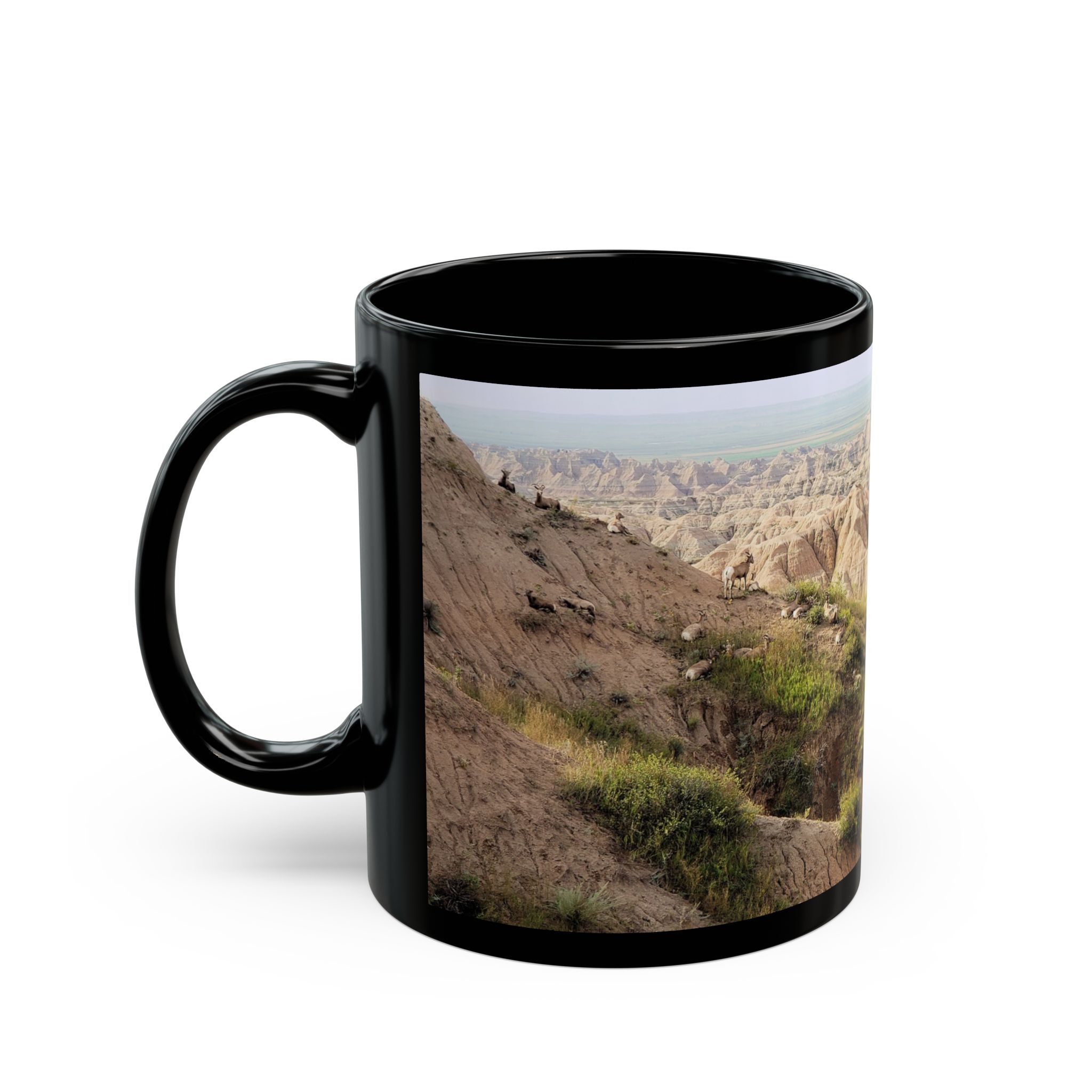 Bighorn Sheep Herd on Hill, Black Ceramic Wraparound Mug Featuring Original GentleSeas Photography from Badlands National Park - 11oz & 15oz - Image 3
