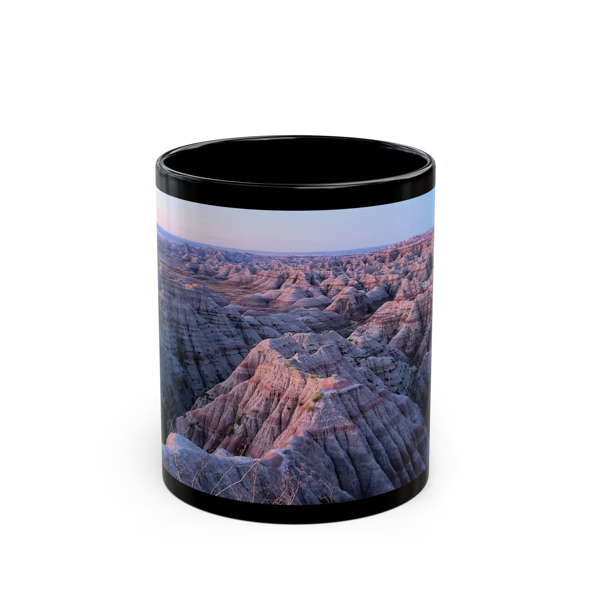 Sunrise Over Pink Sandstone Buttes at Badlands National Park Ceramic Wraparound Mug - Durable Black Coffee Cup with Scenic Original GentleSeas Photography