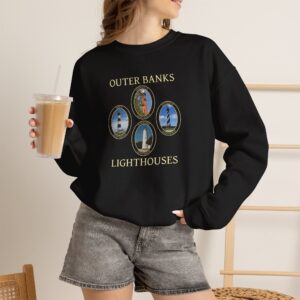 Outer Banks North Carolina Lighthouses Crewneck Sweatshirt, Featuring Ocracoke, Hatteras, Bodie & Currituck, Scenic Original GentleSeas Photography