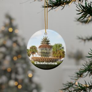 Pineapple Fountain Ceramic Ornament Featuring Charleston, South Carolina - Holiday Keepsake with Original GentleSeas Photography