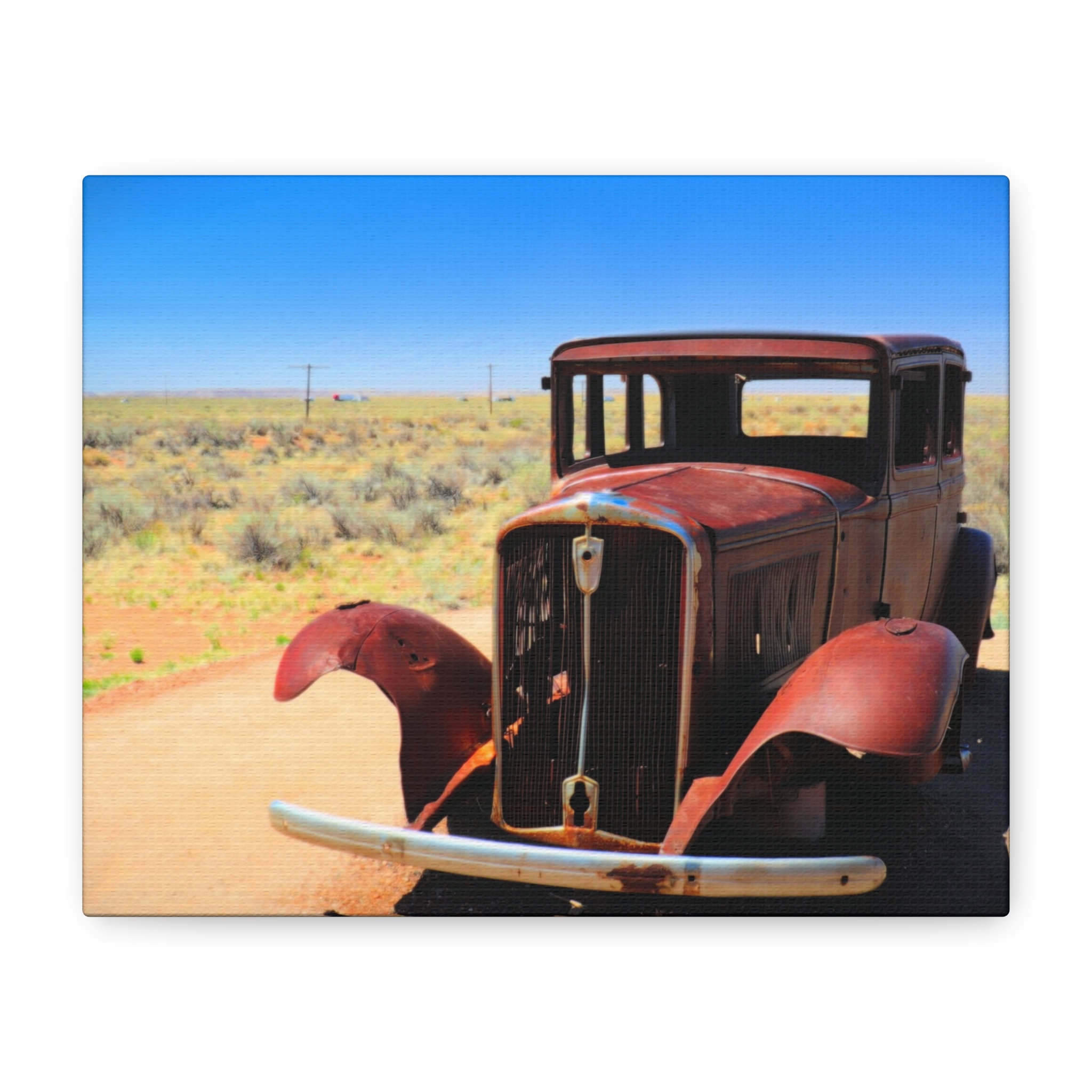 Antique Car – Wrapped Canvas Wall Art | Route 66 Near Holbrook, Arizona Print | Vintage Americana Desert Home Decor